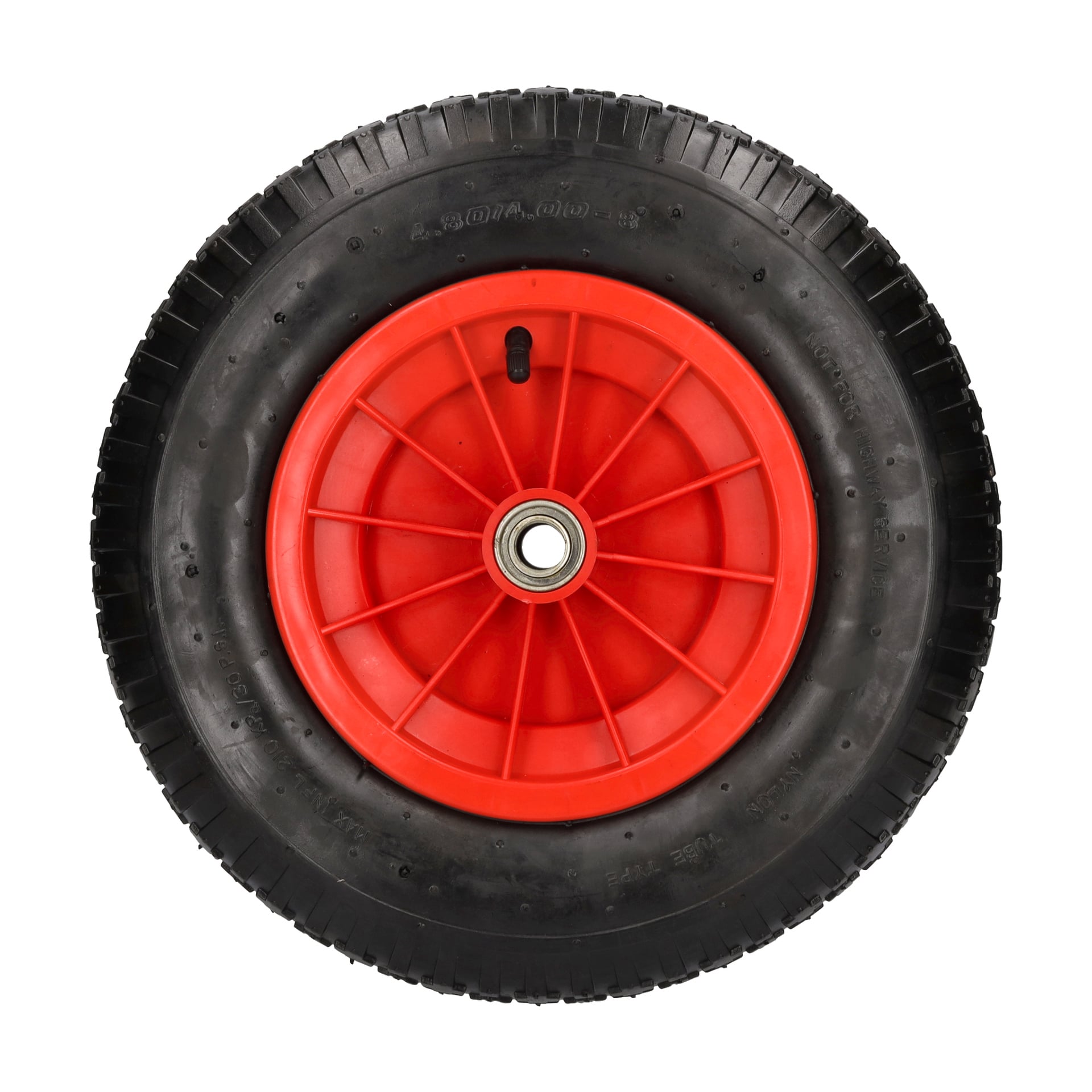Wheel Launching Trolley har ett svart gummihjul med mönster, rött plastnav och synligt centralt lager, sett uppifrån.
