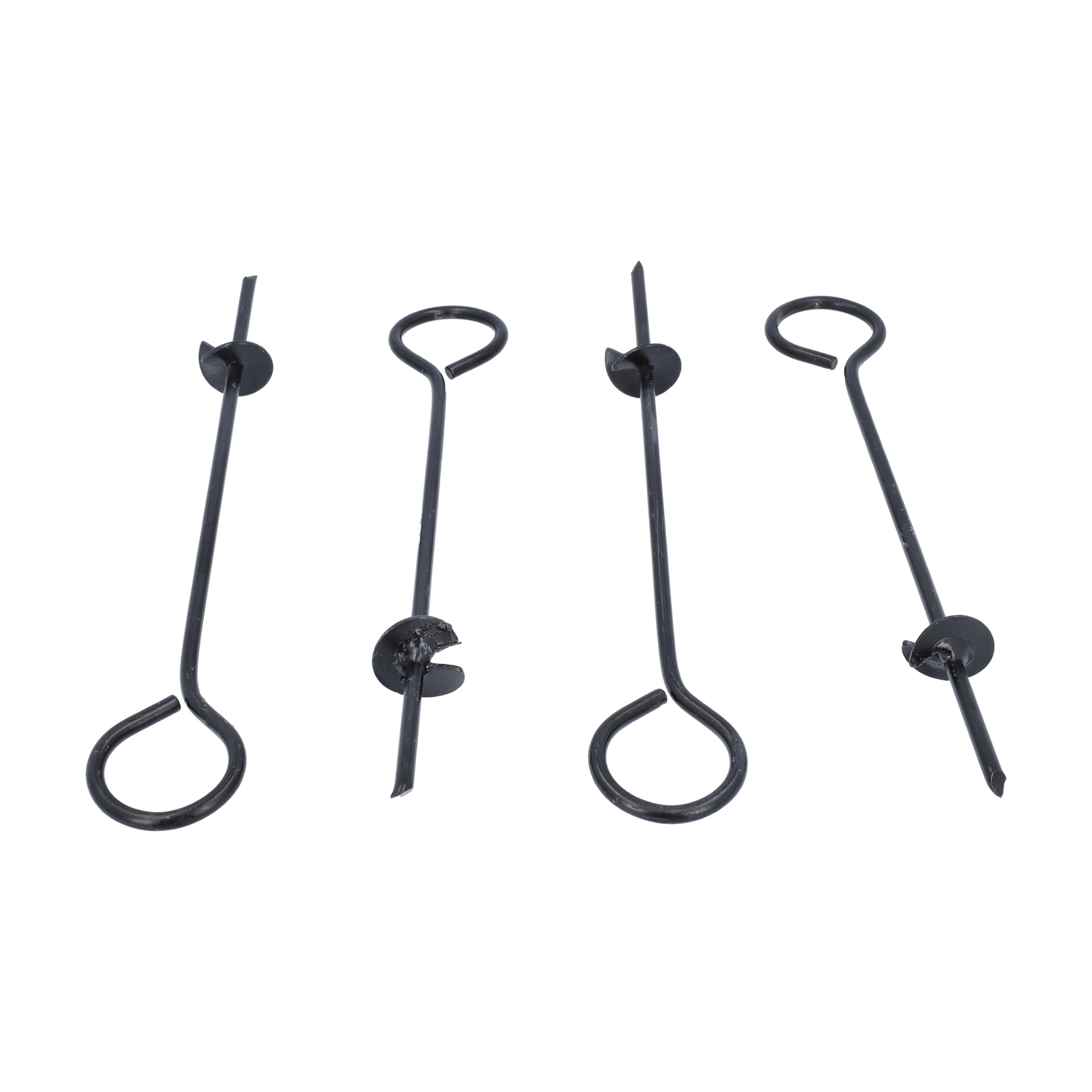 Ground Bracket Luxury Pavilion 4-pack har fyra svartmetallankare med cirkulära öglor och spiralblad arrangerade i rad.