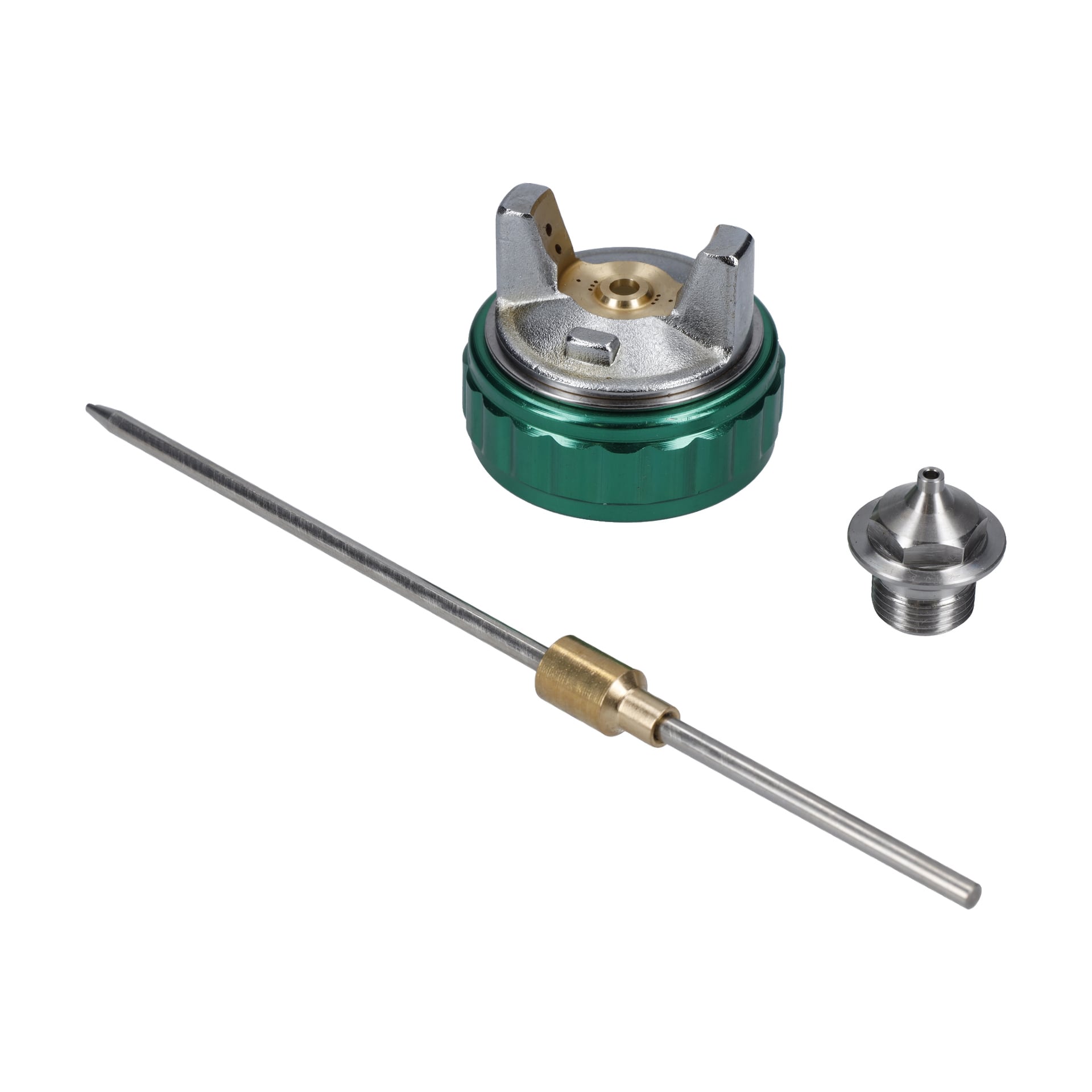 Zestaw Paint Nozz 1,7 mm L136,5mm ma zielono-srebrną nasadkę dyszy, długą igłę z mosiądzu oraz małą metalową końcówkę gwintowaną.