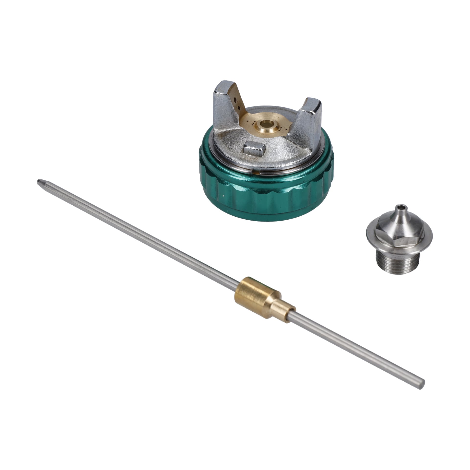 Zestaw Paint Nozz 2,0 mm L:135mm zawiera zielono-srebrną nasadkę dyszy, stożkowy końcówkę oraz długą igłę z mosiężnym przekrojem.