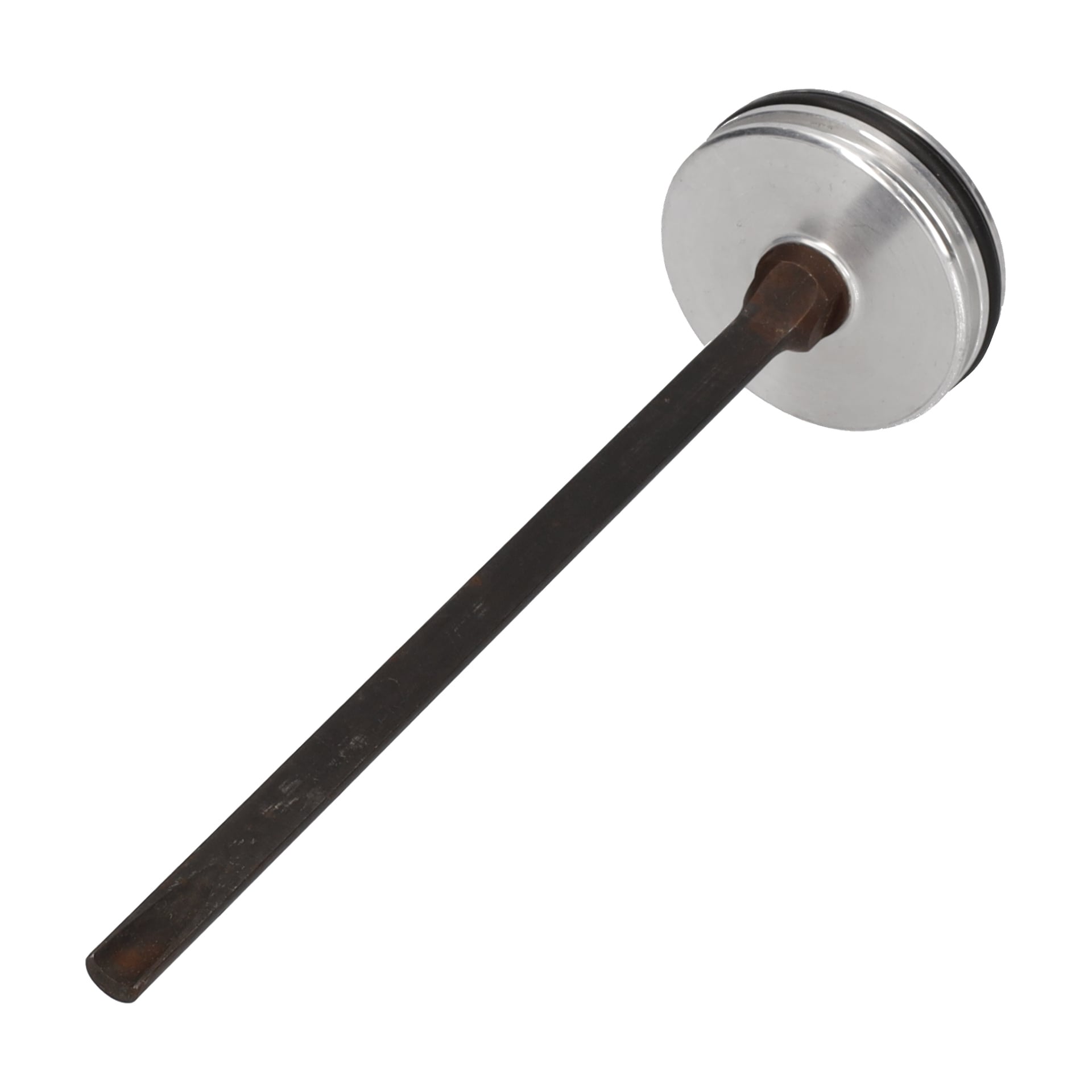 En metallstavskomponent för en slagverksspikpistol med tryckluft har en platt, cirkulär silverskiva och svart gummiring i ena änden.