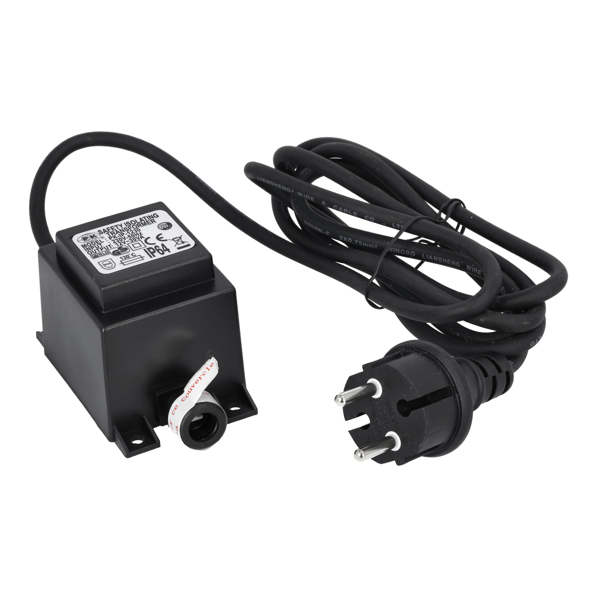 En svart Trafo LED-strömadapter med en trepolig kontakt, lång sladd, märkta specifikationer och en sidokontakt.