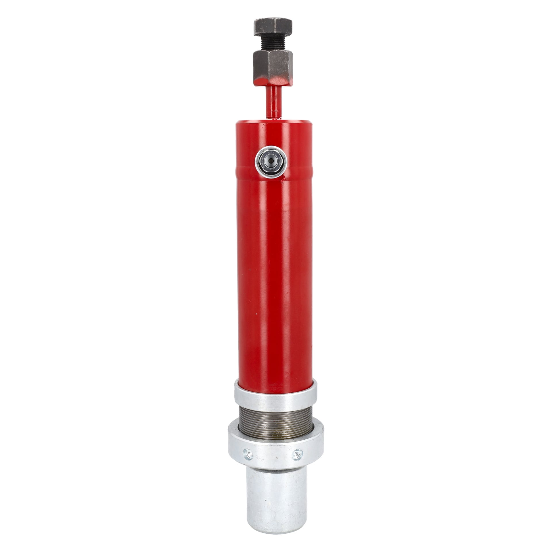 Cylinderverkstadspressen inkluderar en röd hydraulisk cylinder med metallbas, gängad sektion och sexkantig toppmontering.