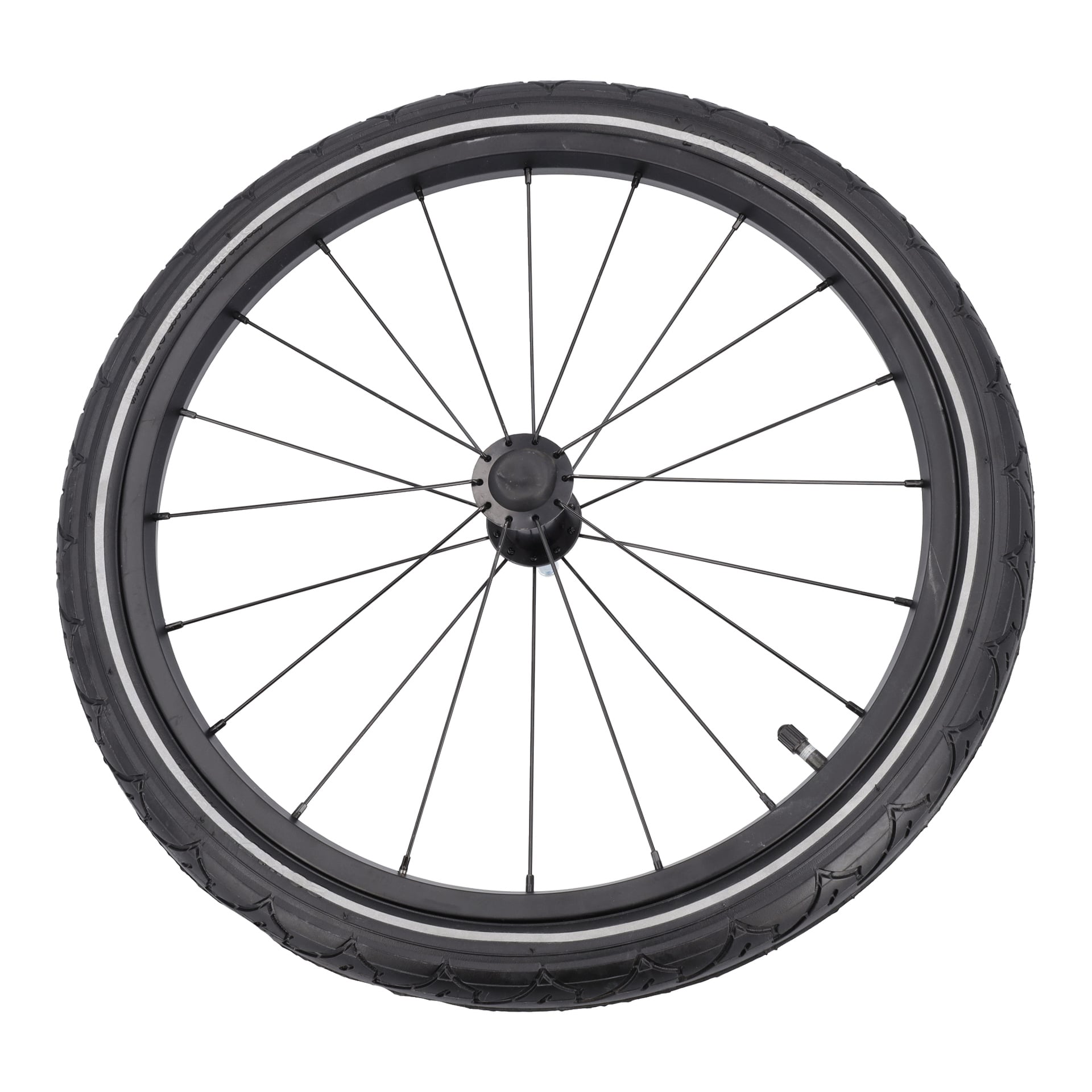 En detaljerad närbild på ett svart cykel-/jogginghjul med däck, metallekrar och ventil på fälgen.