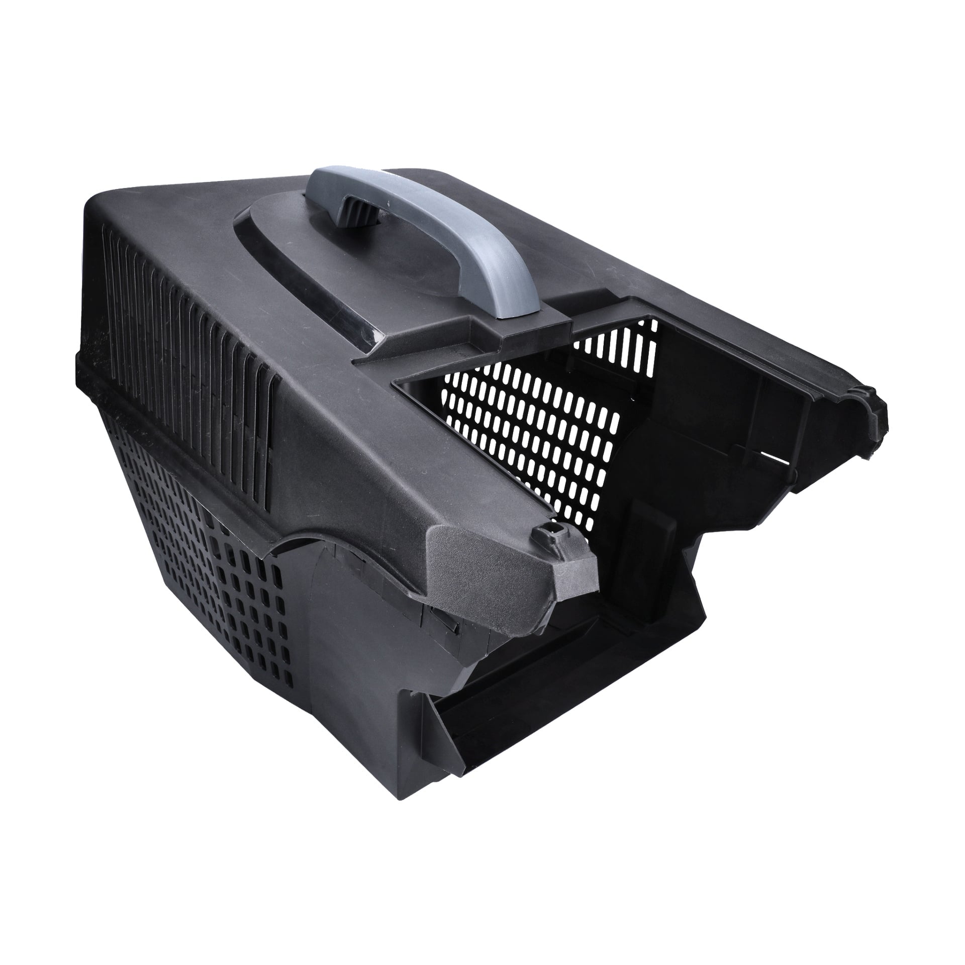 plastikowa Grass Catcher Cpl F. 721243 z szarą rączką, popękanym przodem, bocznymi otworami wentylacyjnymi i częściowo otwartą pokrywą.
