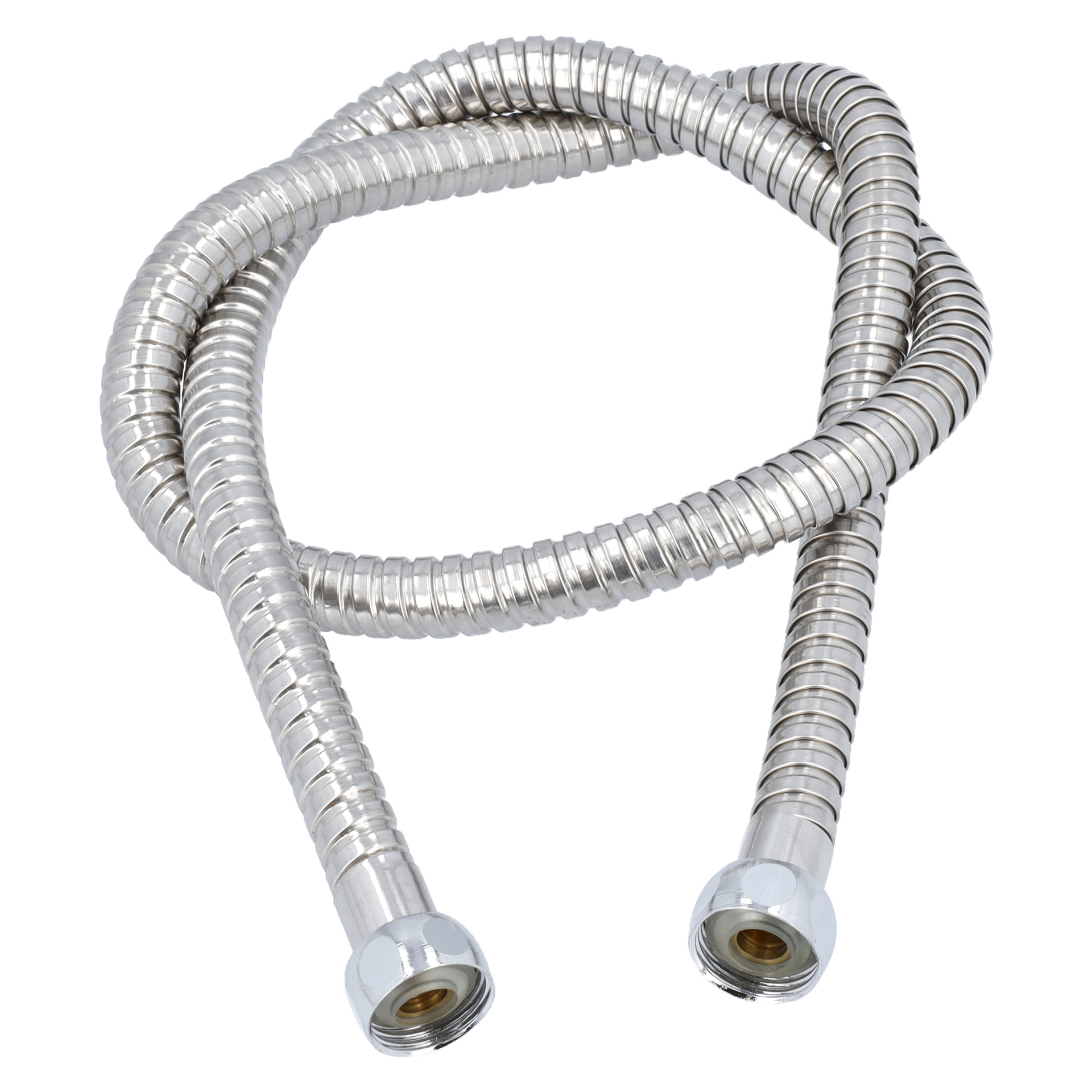 En flexibel metallslang, lindad i en lös ögla, med gängade kopplingar i båda ändar, tillverkad av rostfritt stål eller liknande.
