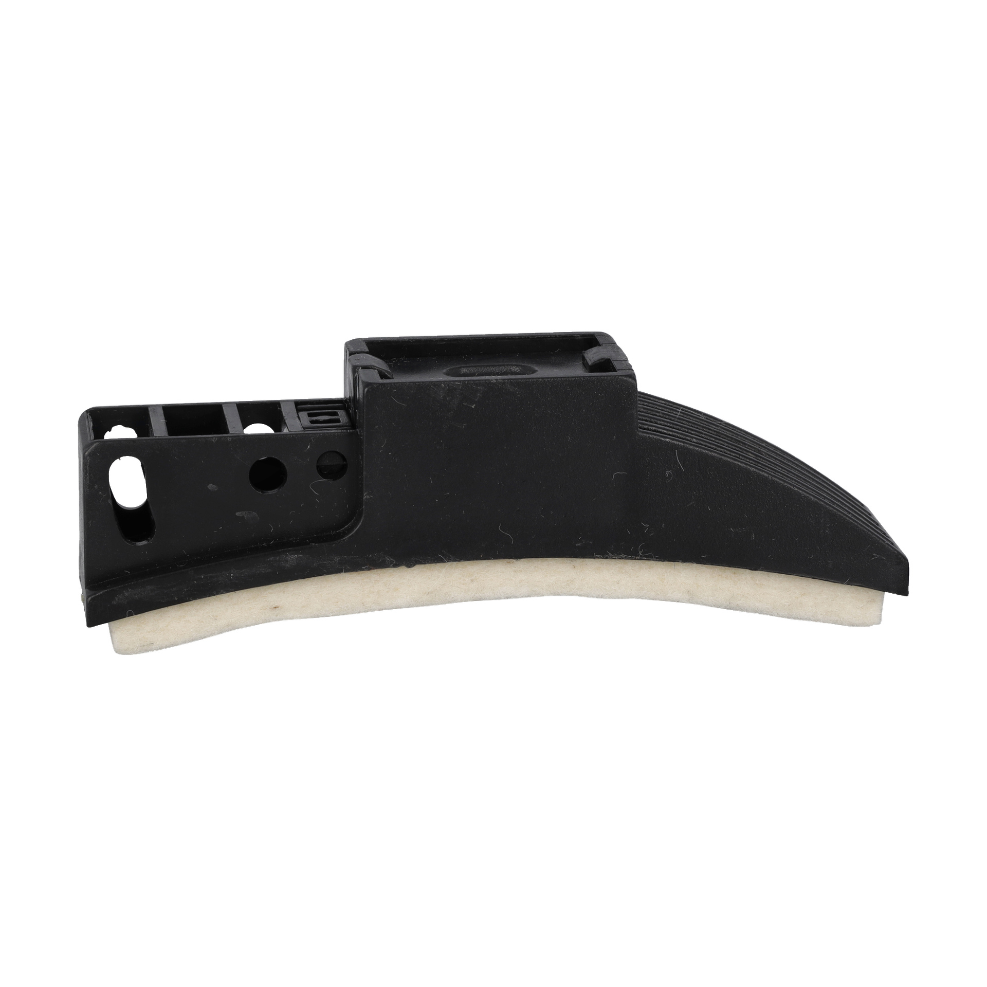 Brake Pad Spinning Bike er en buet svart plastdel med en hvit filtstripe langs underkanten.
