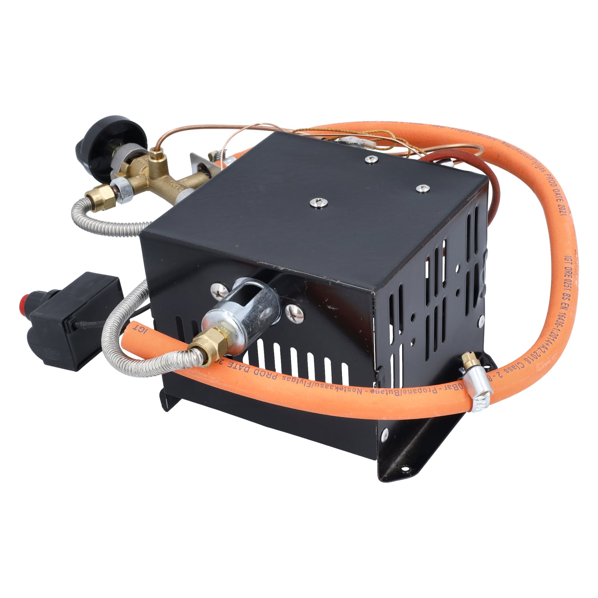Pilotbrännare med gasvärmare med svart ventilerad regulatorbox, orange slang, kopplingar i mässing, tryckmätare och ledningar för gasstyrning.