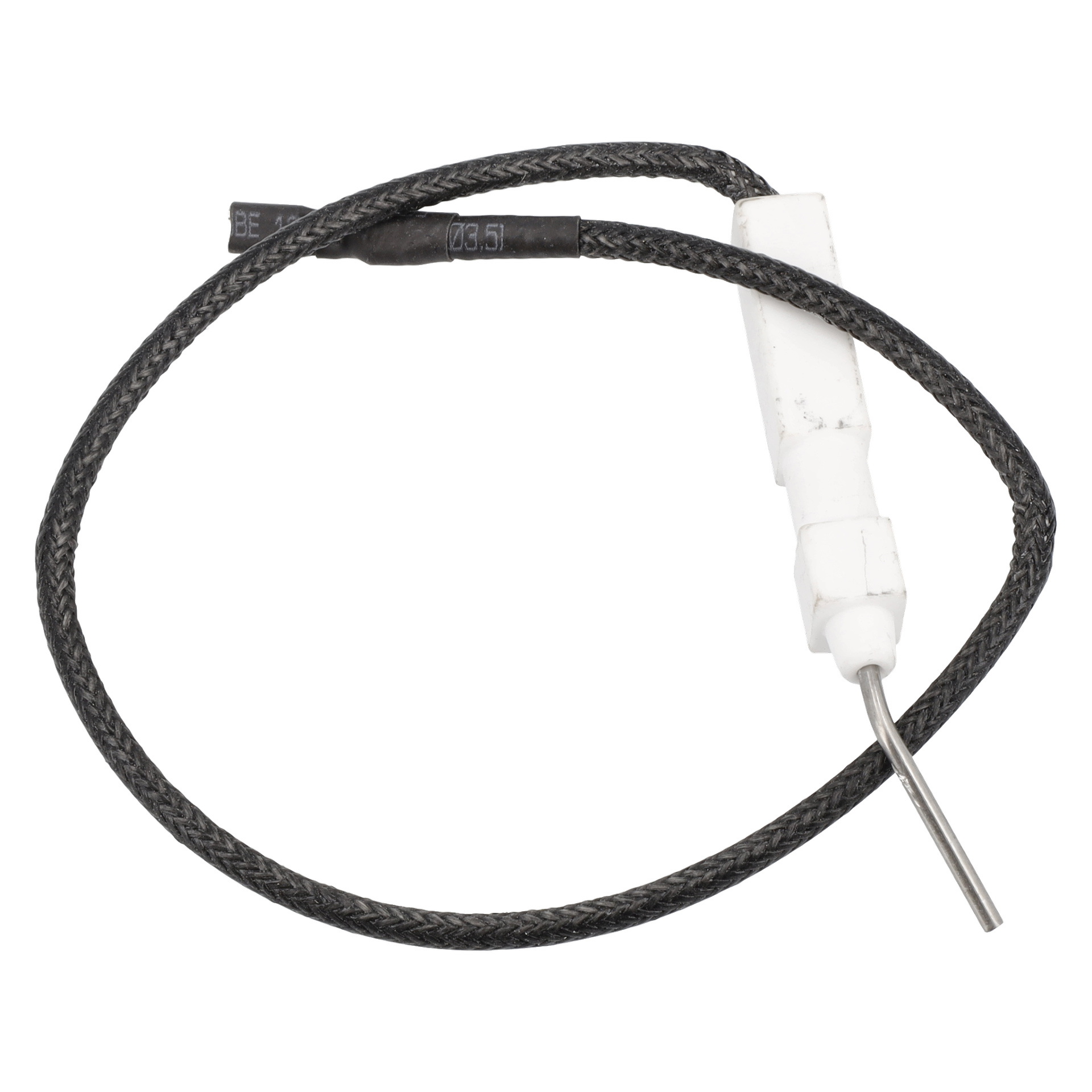 En tändstiftsvärmare med en svart flätad kabel, en vit keramisk ände och en böjd metallprob lindad i en lös cirkel.
