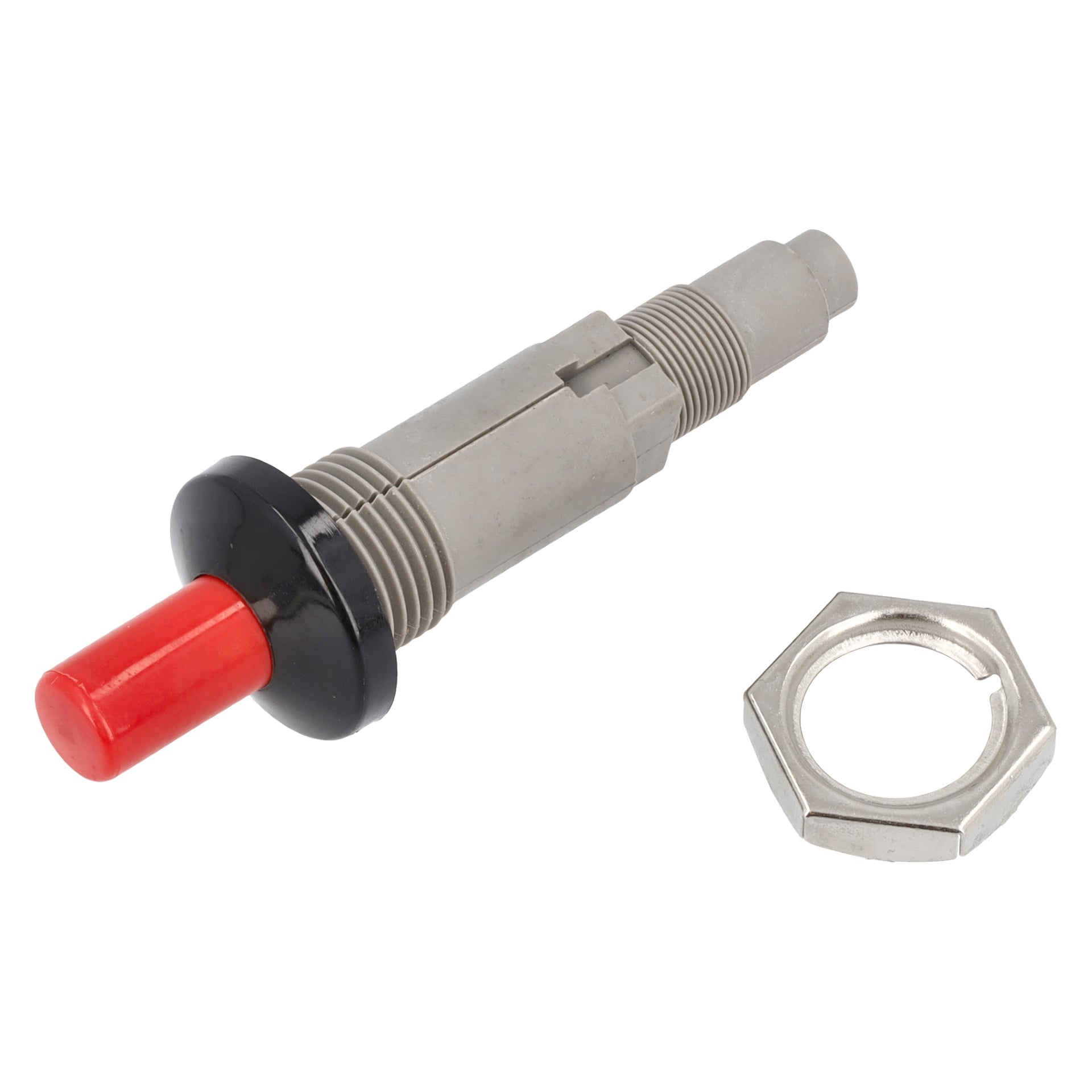 Piezotändare gasvärmare med metallknapp, röd lock, svart krage, gängad kropp och separat metall-sexkant.