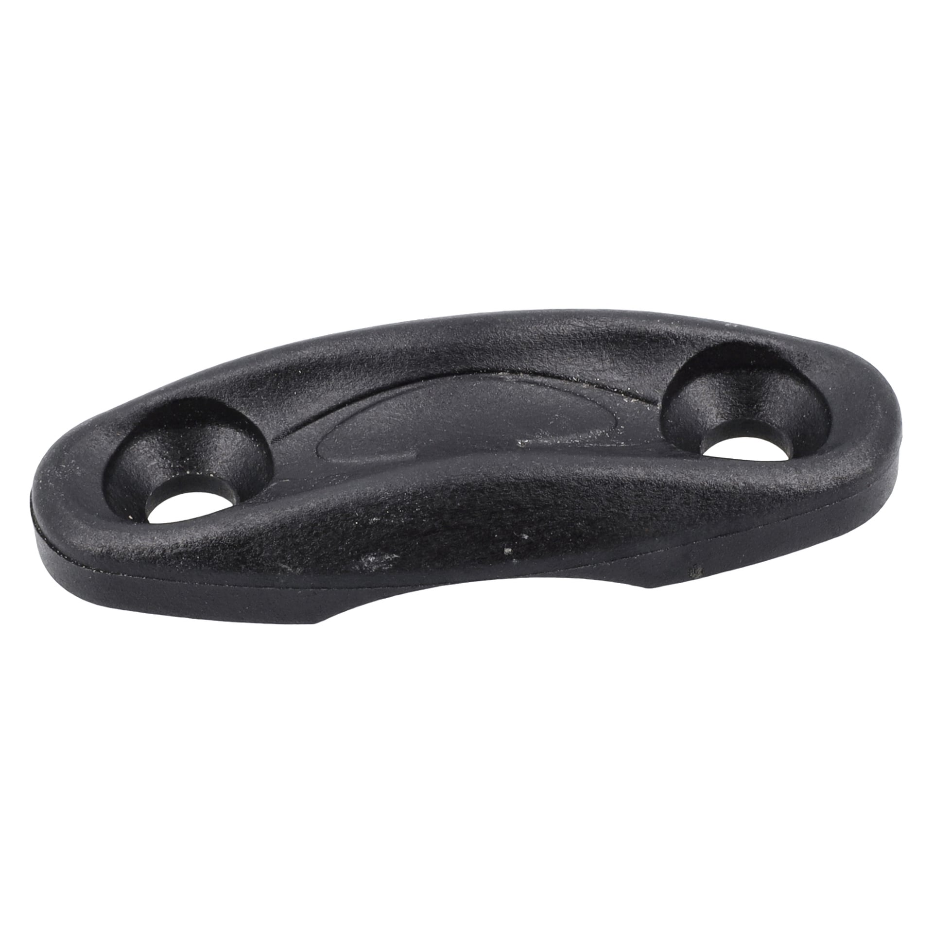 Svart, oval brakett med to forsenkede hull og en glatt, buet overflate, laget av plast eller metall for montering av håndtak.