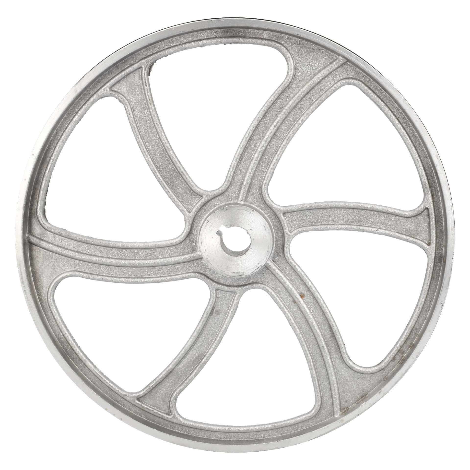 En vy uppifrån av Lower Band Wheel Band Band Saw visar dess silverfärgade metallram med fem böjda ekrar och ett centralt cirkulärt nav.