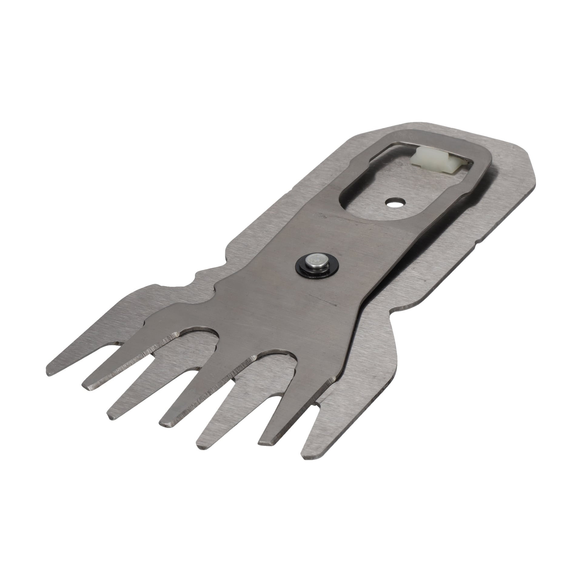 Grass Shears Multitrimmer er et multiverktøy i rustfritt stål med gaffelspiss, flat kant og innebygd flaskeåpner.