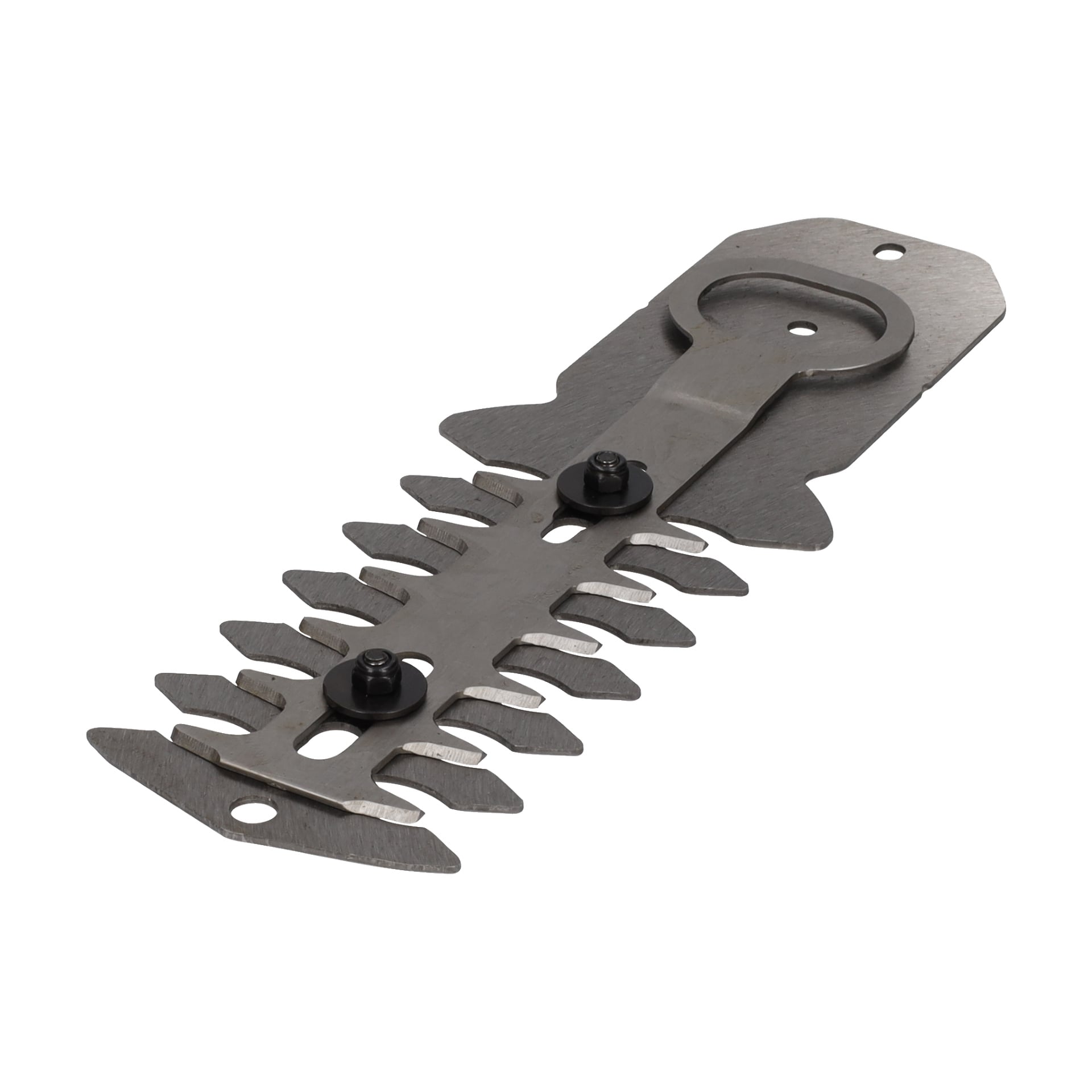 Häcktrimmerbladets multitrimmer är ett metallverktyg format som ett fiskskelett, med flera fenor, två svarta fästen och ett hål ovanpå.