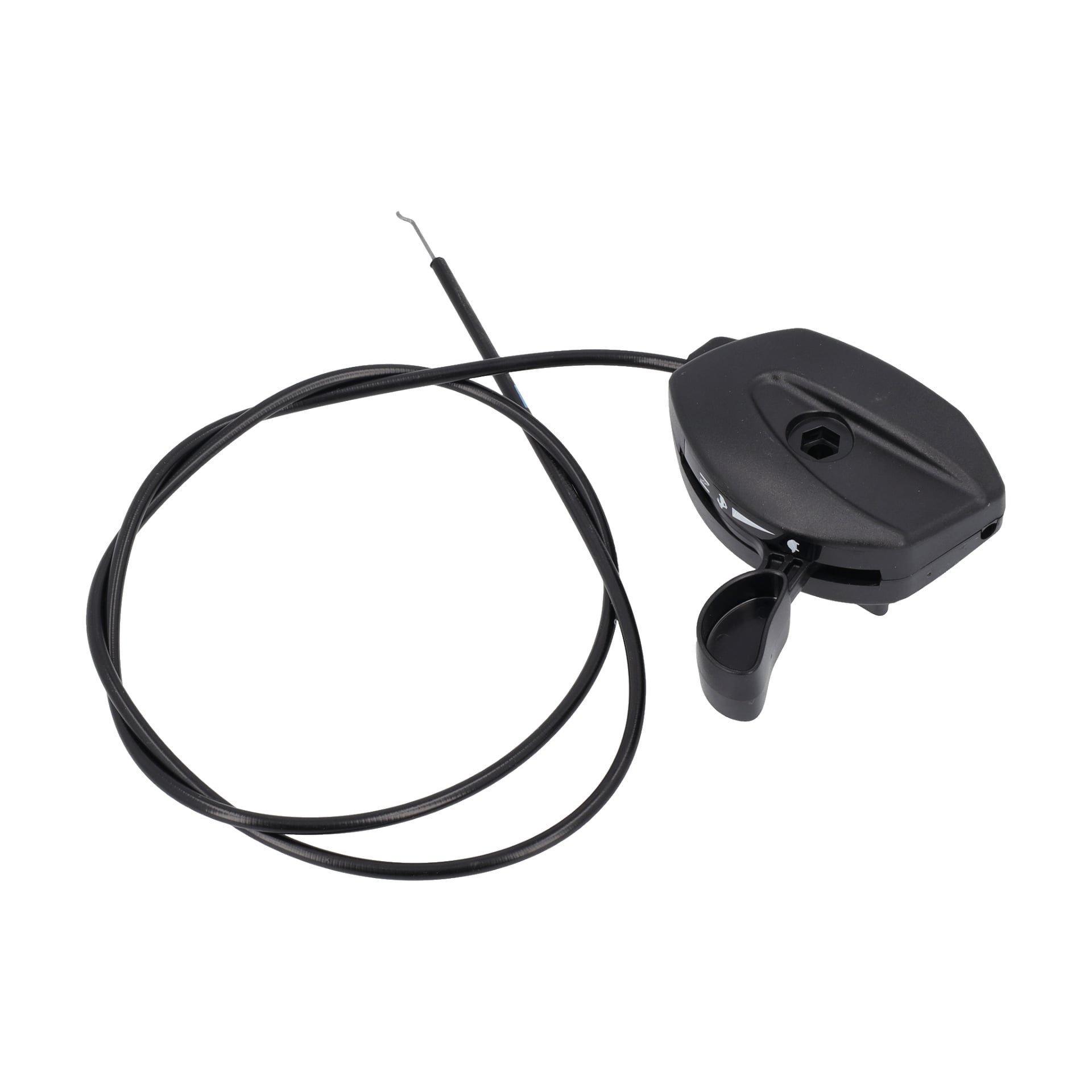 En svart plastspak för en gräsklippare med en spiralad kabel visas.