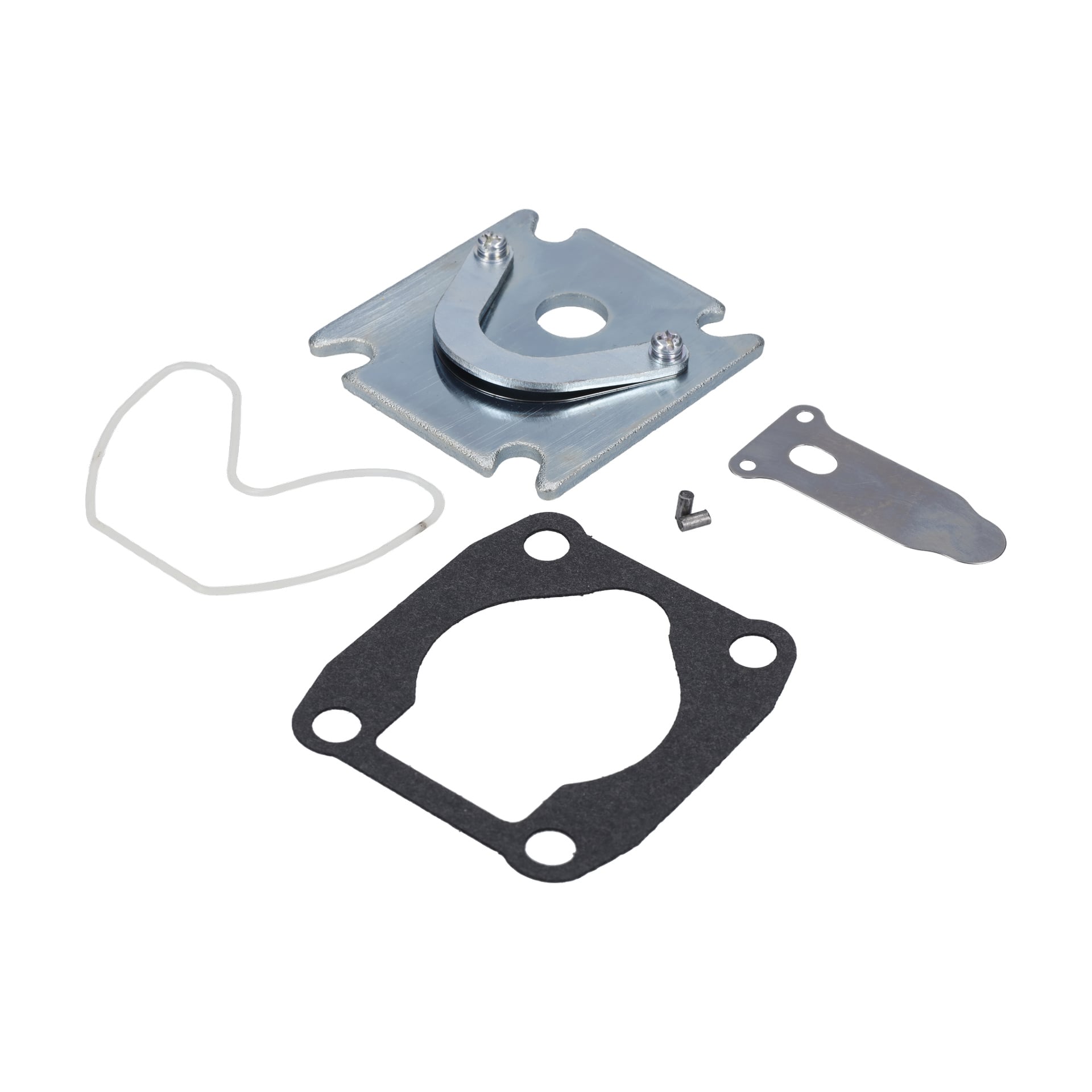 Valve Package Compressor-settet inneholder en metallbrakett, svart pakning, tynn plate, liten skrue og hvit gummipakning.