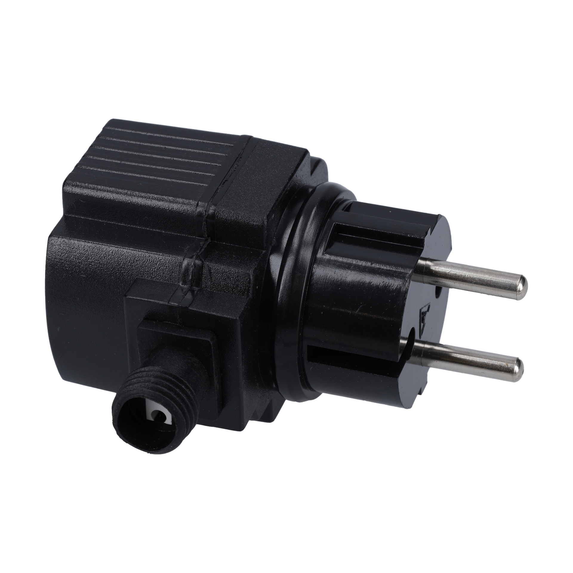 En Trafo-pump med en svart rektangulär kontaktadapter, två runda stift och en sidorund kontakt.