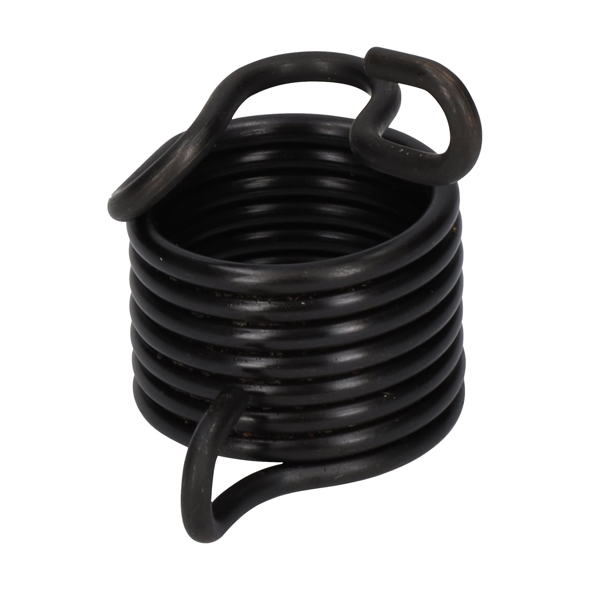 En närbild av en fjäder från en mejselhållare, som visar tätt spiralad svart metall med två krokade ändar som sträcker sig utåt.