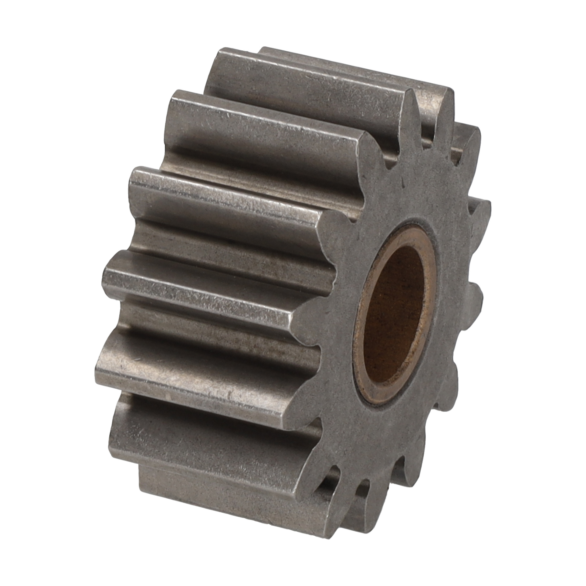 En närbild på en driven drivaxels metallkugghjul med raka tänder, ett centralt hål och en industriell finish.