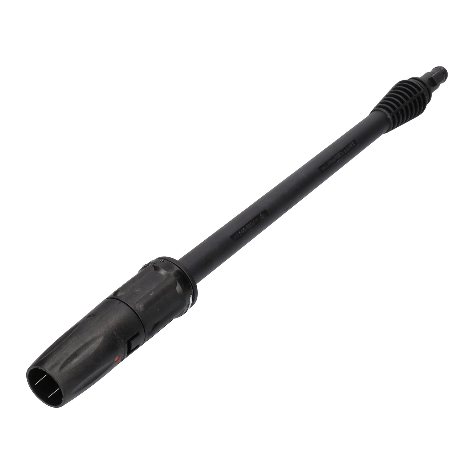 Sprunt Nozzle/Lance högtryckstvätt har en svart spraylans med ett räfflat handtag i ena änden och munstycke i den andra.