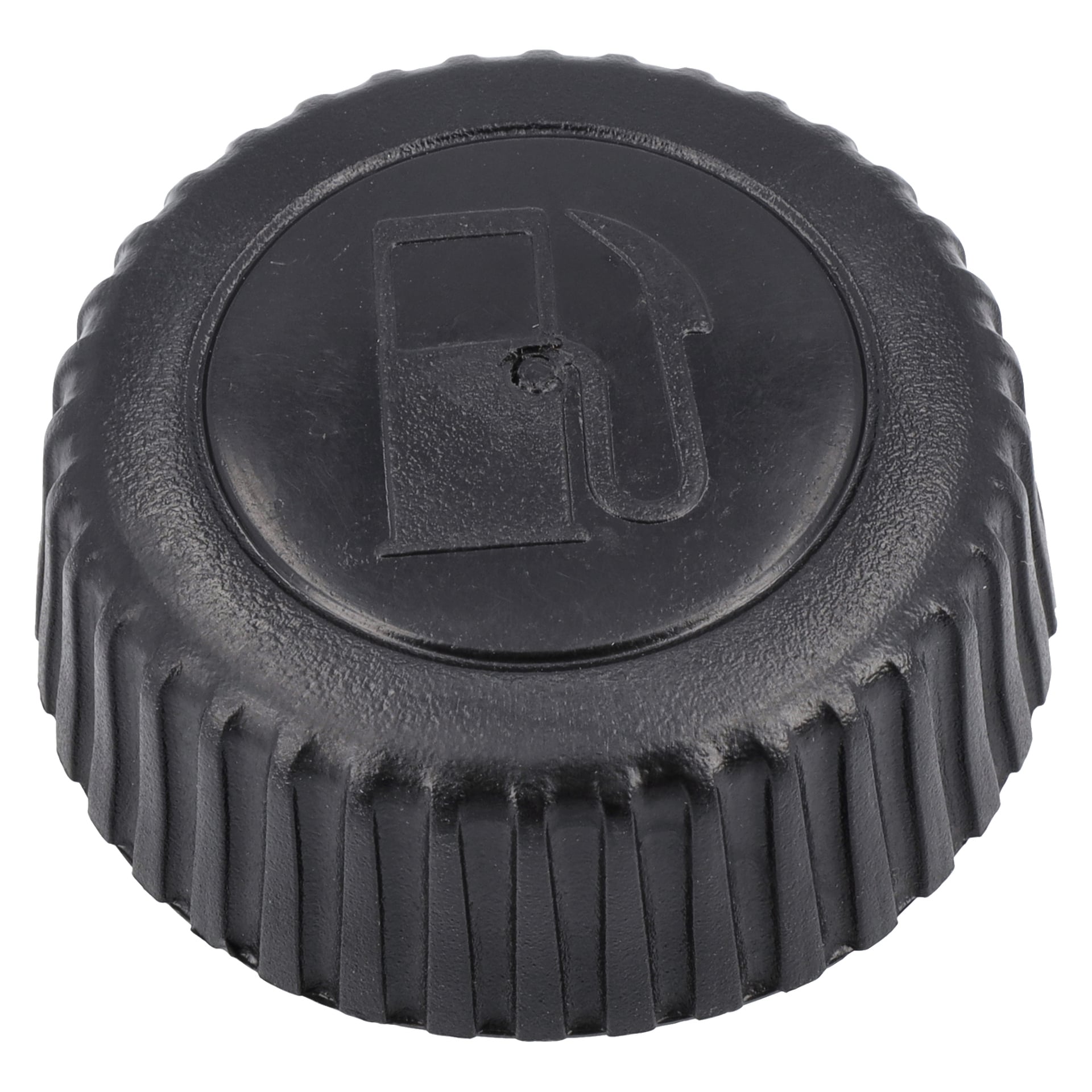 Fuel Caps gräsklippare har en svart plastkonstruktion, en bränslepumpssymbol på toppen och en räfflad kant för bättre grepp.
