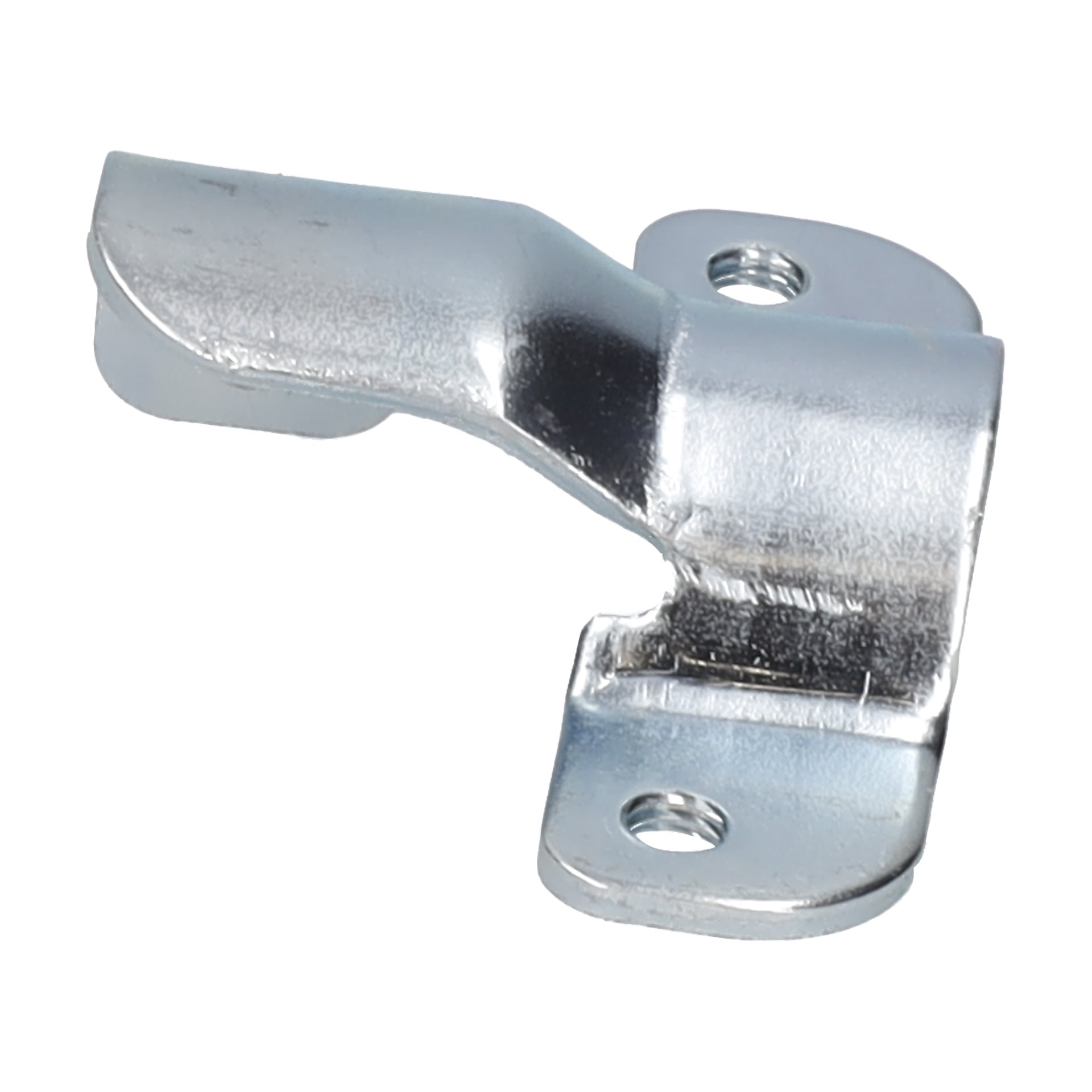Ett silverfärgat metallfäste med platt bas, två skruvhål och en vinklad arm som avslutas i en slät kurva och polerad yta.