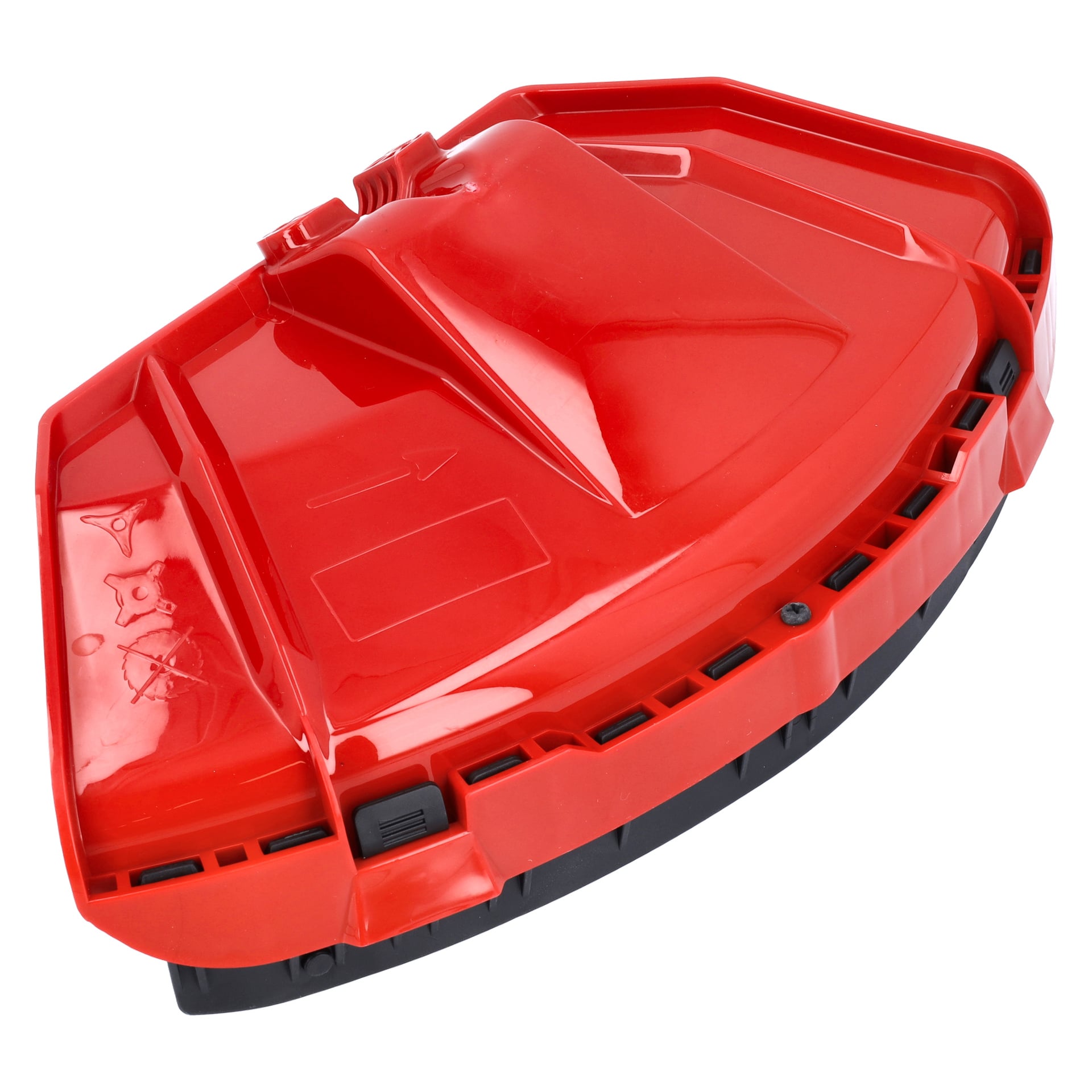 Mudguard Brush Cutter har en rød plastsjakt og svarte ventilerte kanter, designet for å styre gressklipp effektivt.