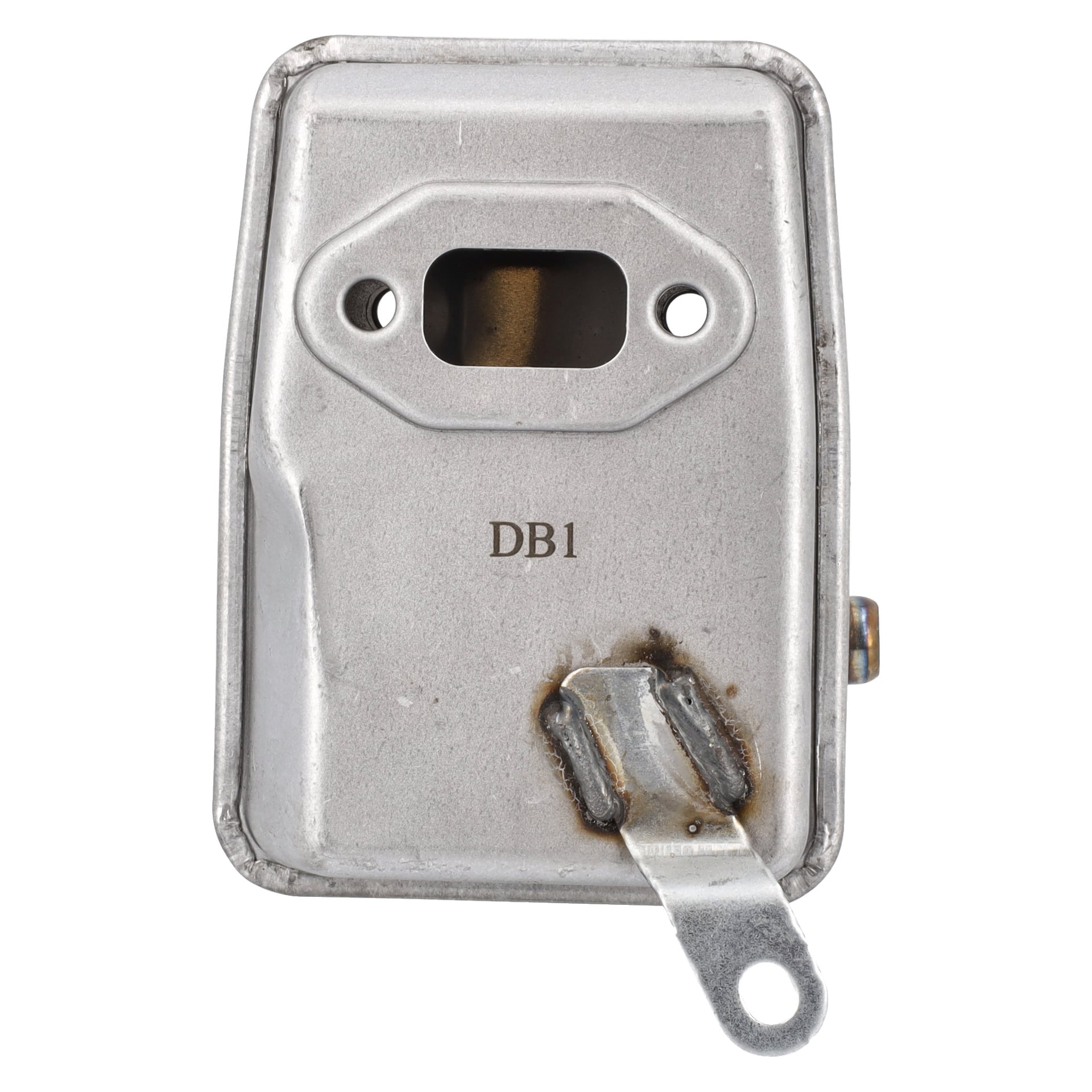 Närbild på en ljuddämpare med borstskärare i metall med DB1-stämpel, två små hål, en stor mittöppning och synliga slitagemärken.