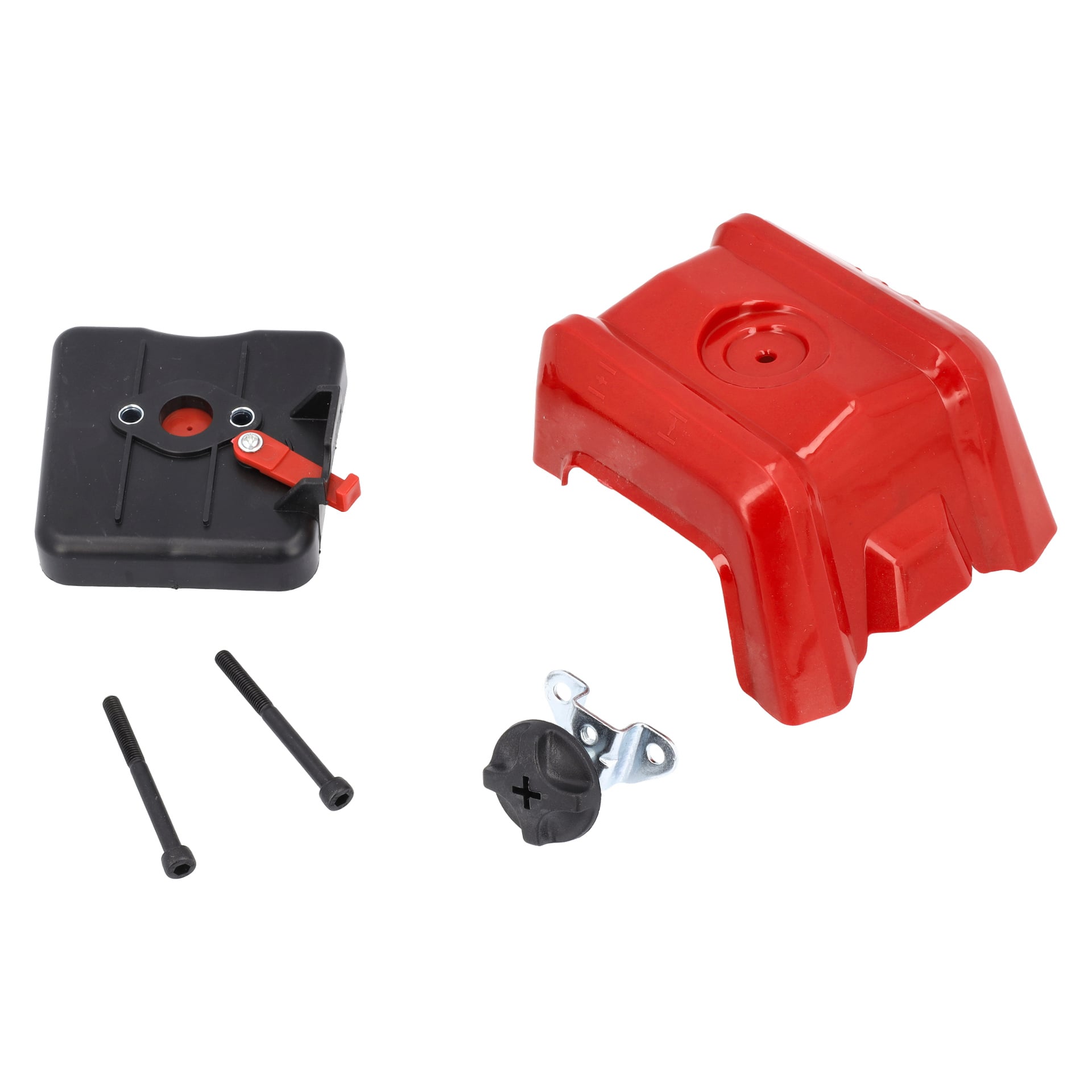 Ett borstskärar-luftfilter med svart lock med en röd spak, rött hölje, två svarta skruvar och en metall-plastknopp.