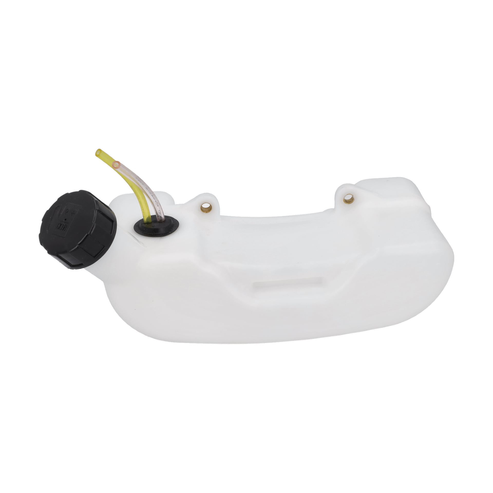 Vit plasttank med svart skruvlock och två slangar, lämplig för små motorer eller elverktyg.