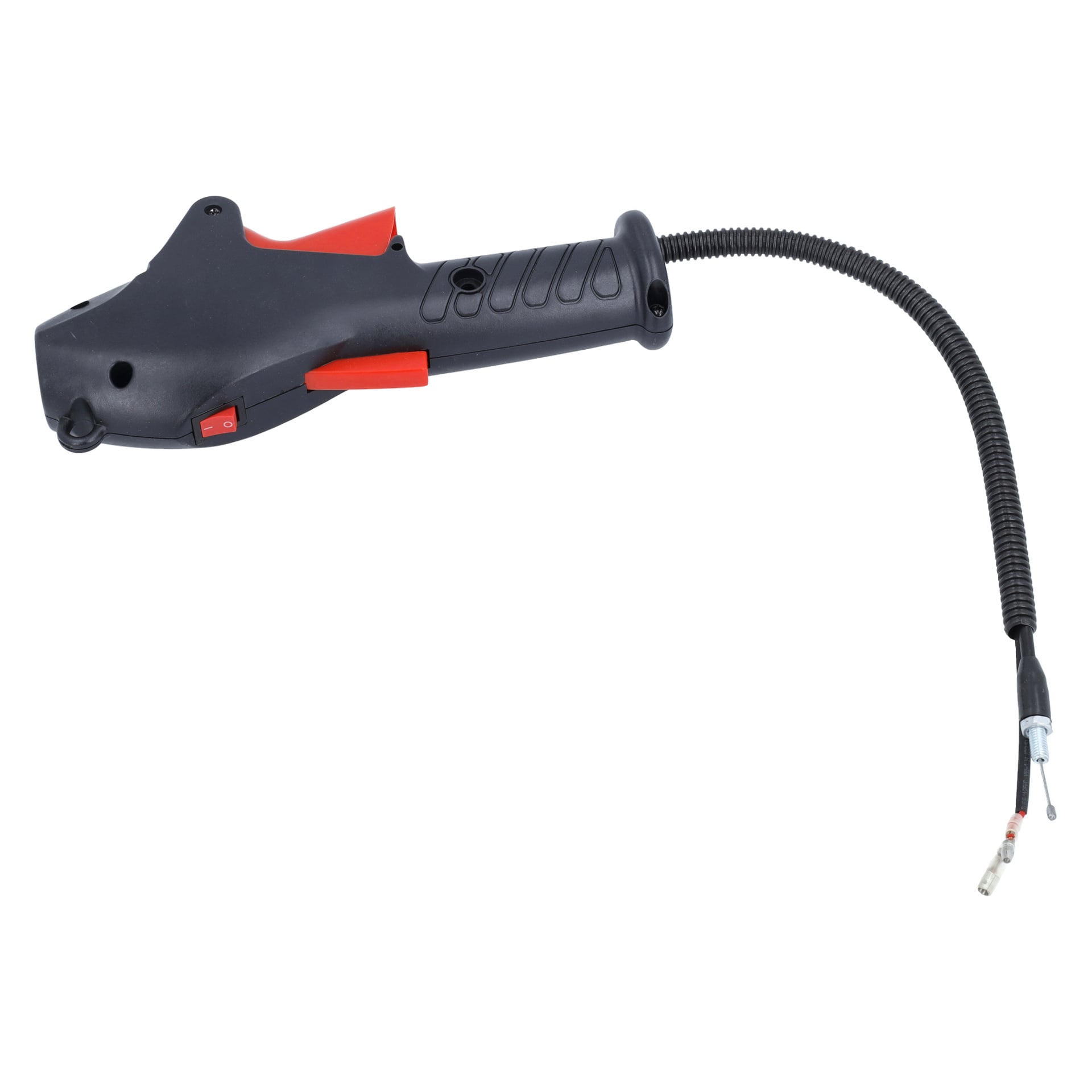 En svart och röd handhållen gasremborstskärare med flexibel kabel, avtryckare och texturerat grepp, använd som handtag för elutrustning.