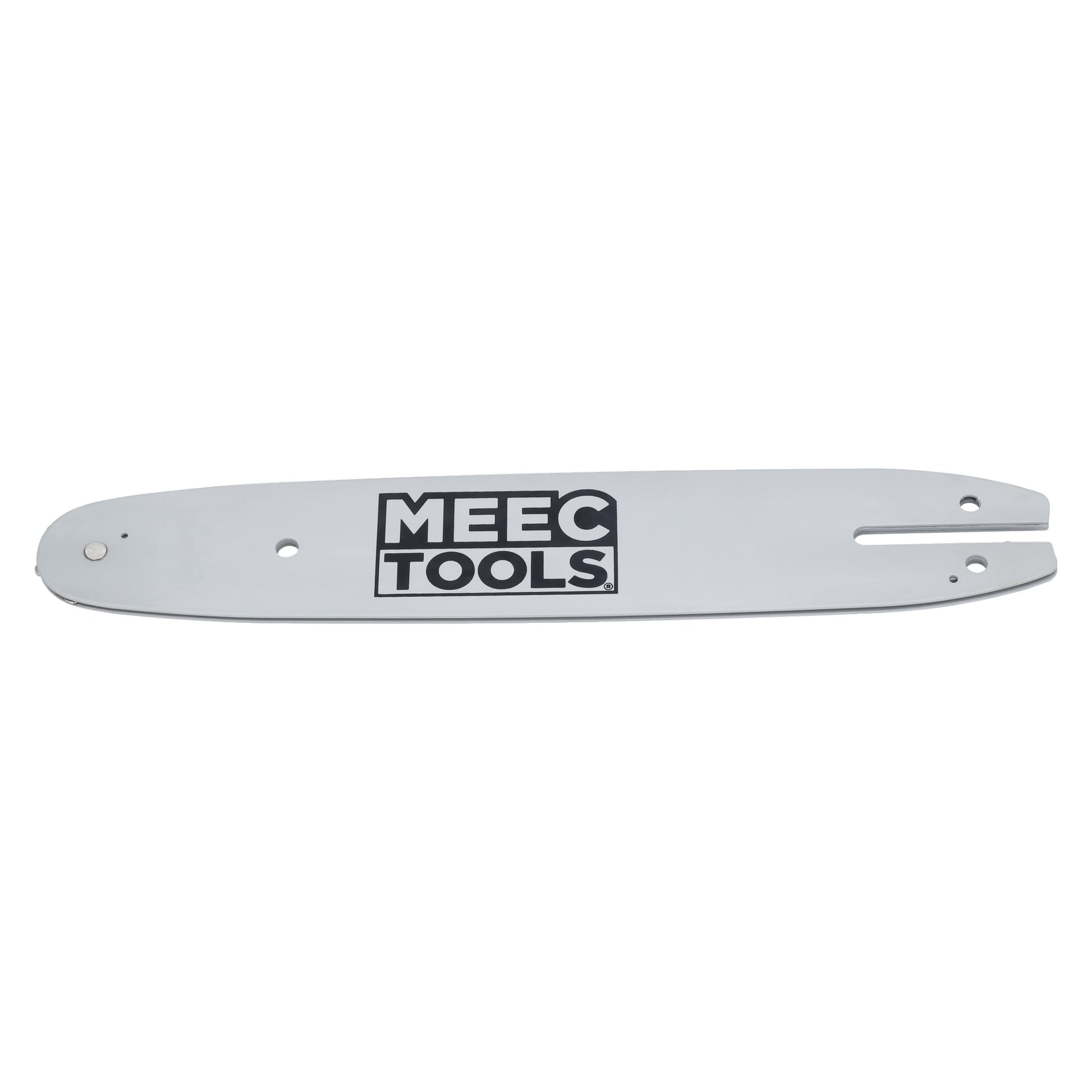 Hopeinen Miekka-oksa tai sivellinsaha, jossa on mustalla tekstillä "MEEC TOOLS", kaksi reikää toisessa päässä ja ura toisessa.