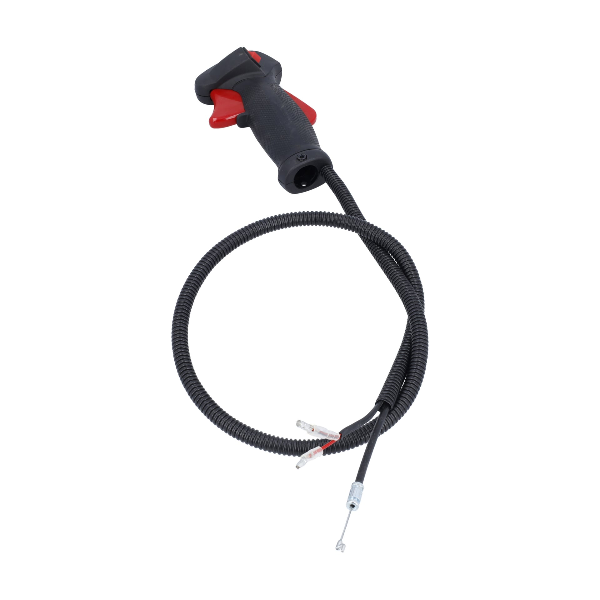 Gasspjällborstskäraren har ett svart och rött kontrollhandtag som är förbundna med en flexibel spiralad kabel med metallkontakter i båda ändar.