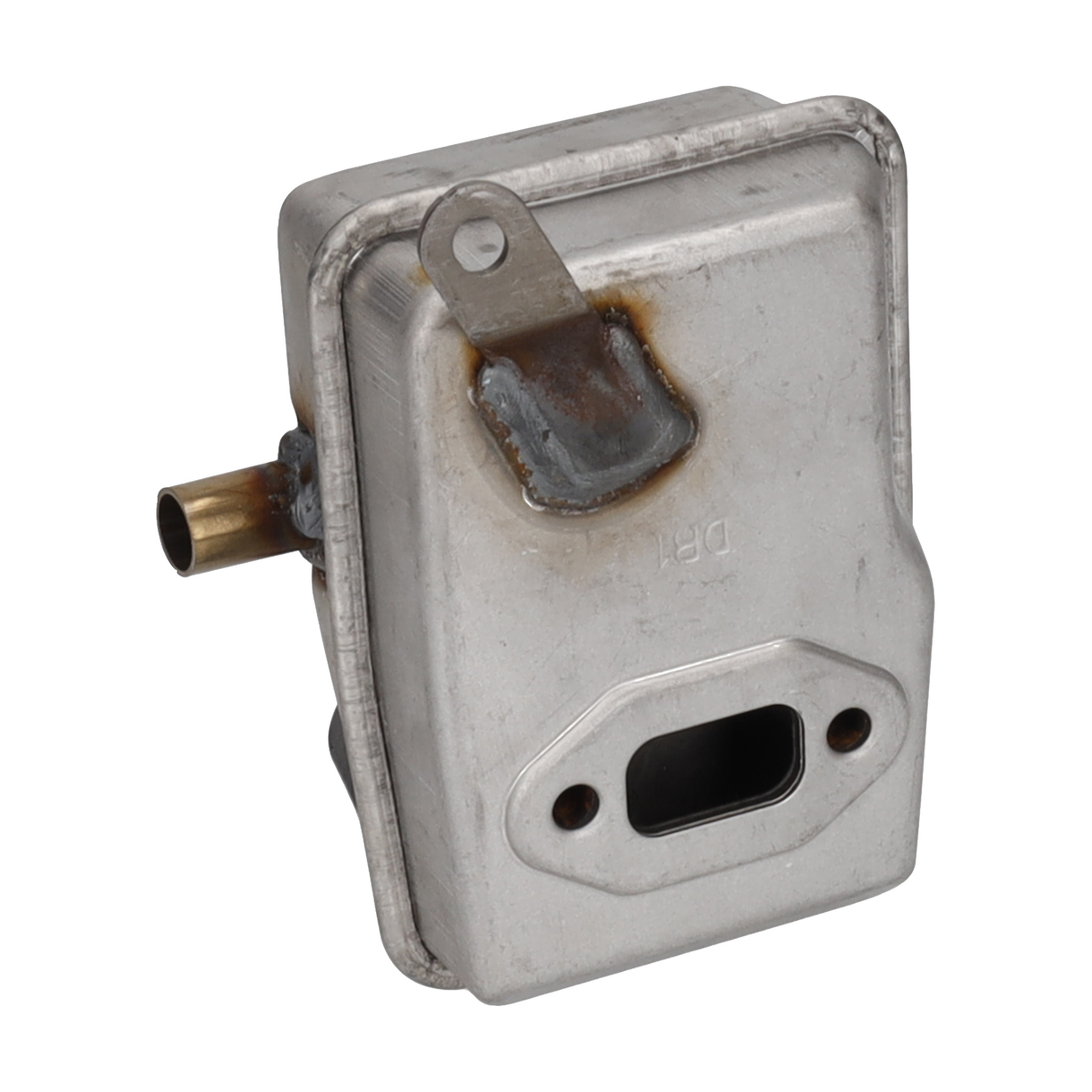 Metallborstskärare med svetsad fäste, cylindriskt sidorör och främre rektangulär öppning med två skruvhål.