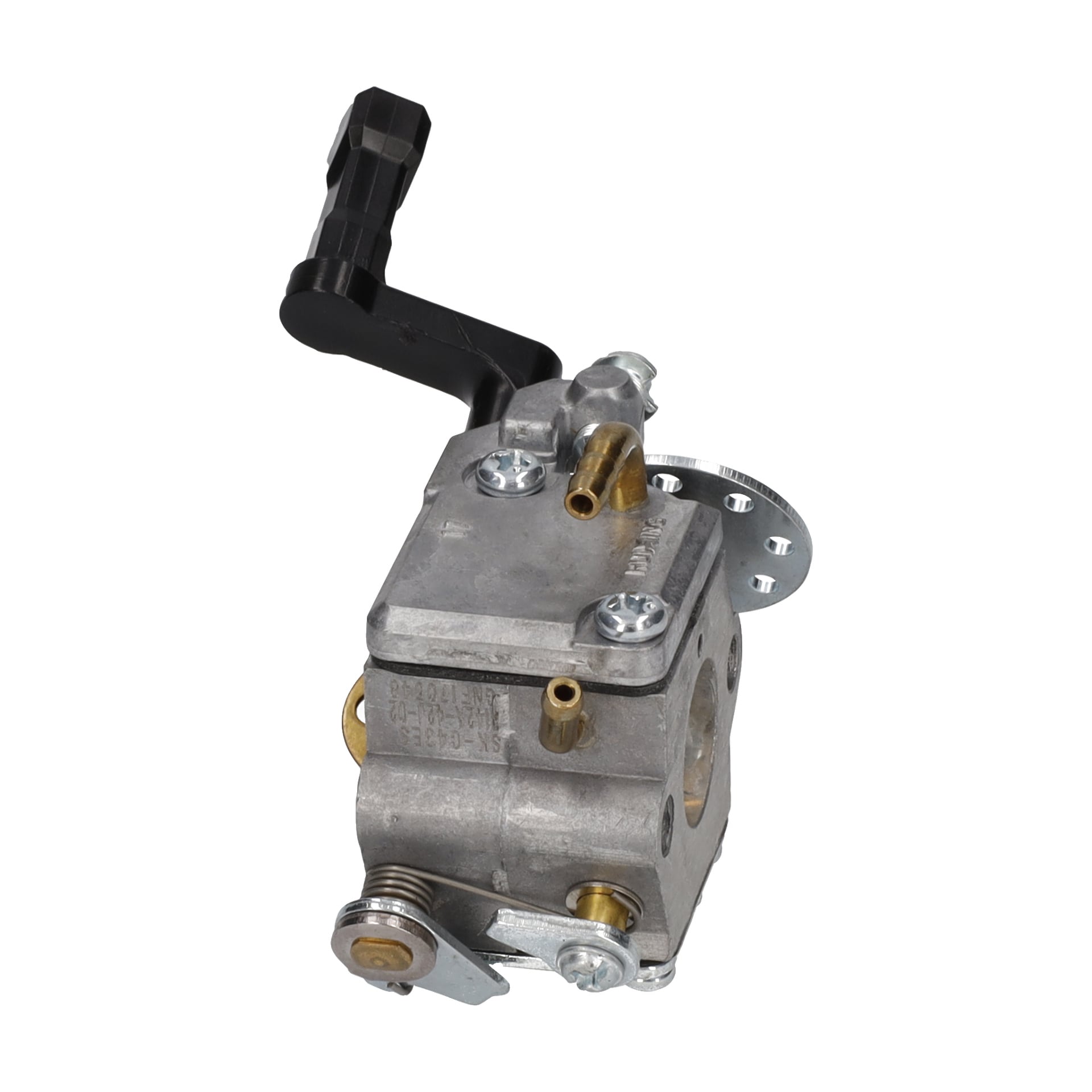 Carburettor Gasoline Powered Brushcutter har metallkropp, svart plastspak, messingbeslag og synlige monteringshull.