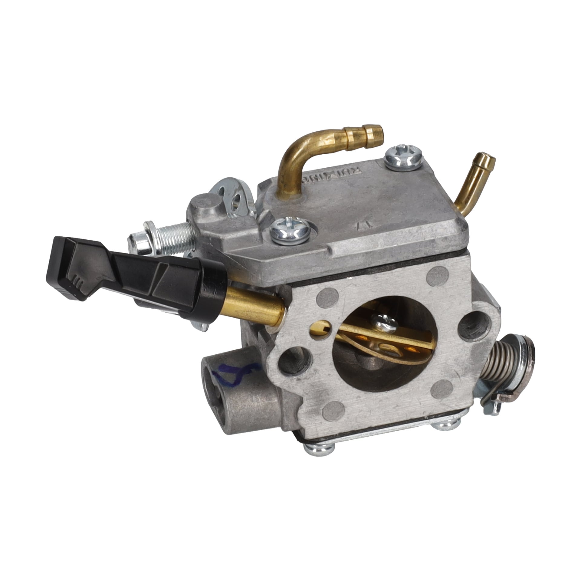 Carburettor Gasoline Powered Brushcutter har messing- og ståldeler, justeringsskruer og en svart plastspak.
