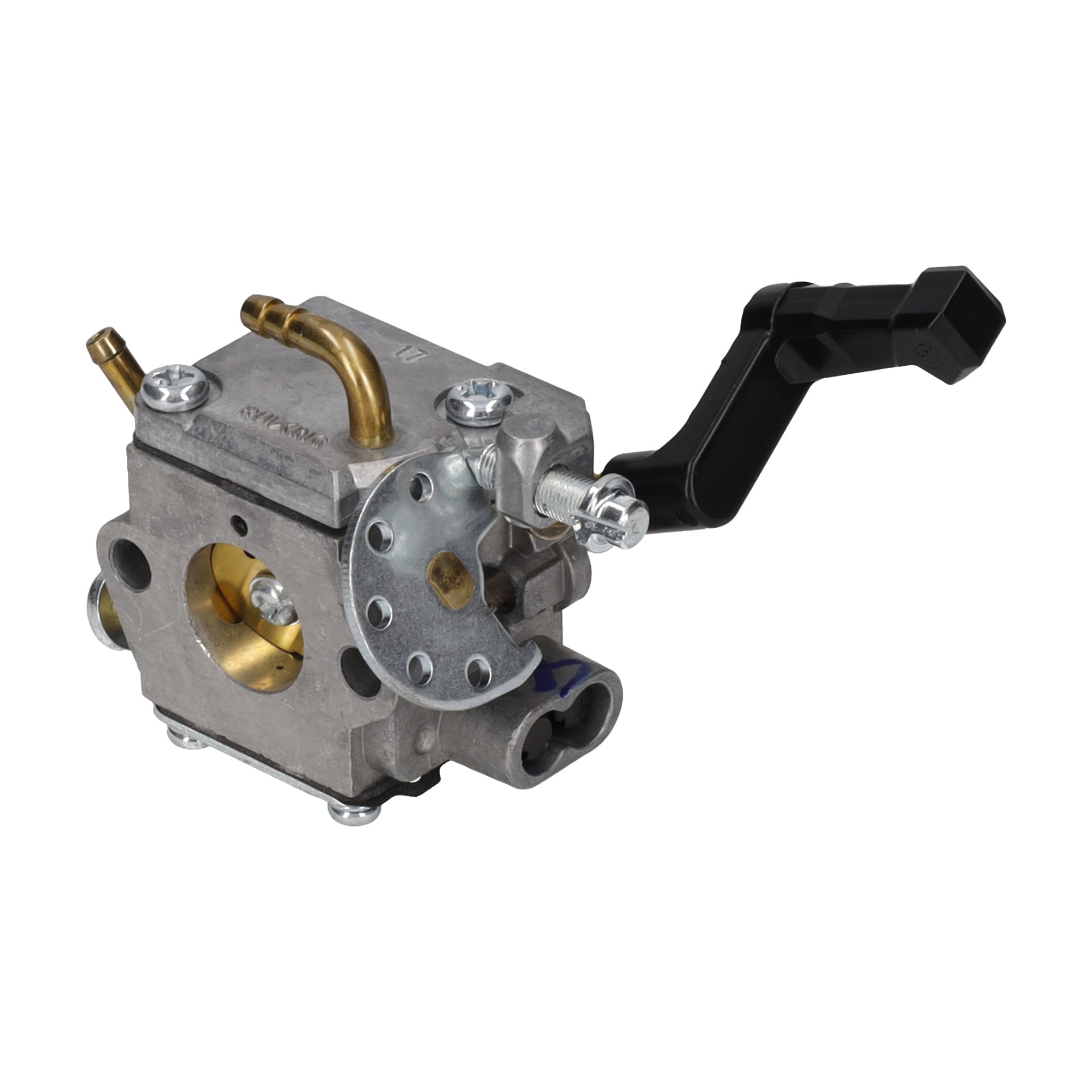 Carburettor Gasoline Powered Brushcutter har en metallkropp, messingbeslag og en svart plastspak.