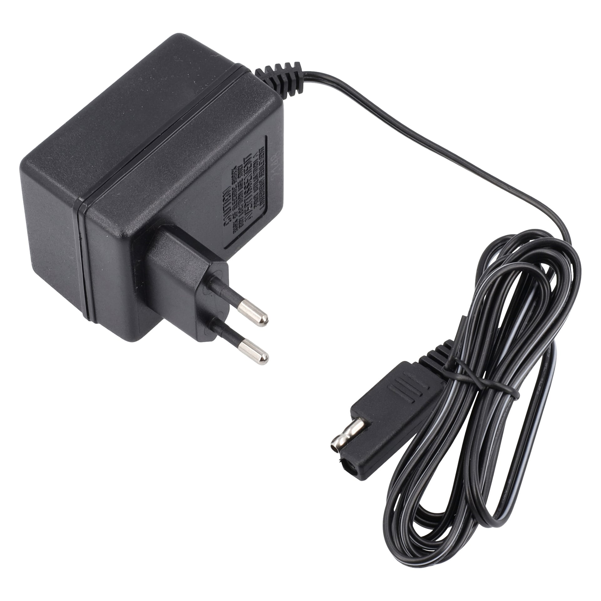 En batteriladdare, gräsklippare, AC-adapter med ett tvåstiftsuttag i Europa och en lång kabel som slutar i en tunnkoppling.