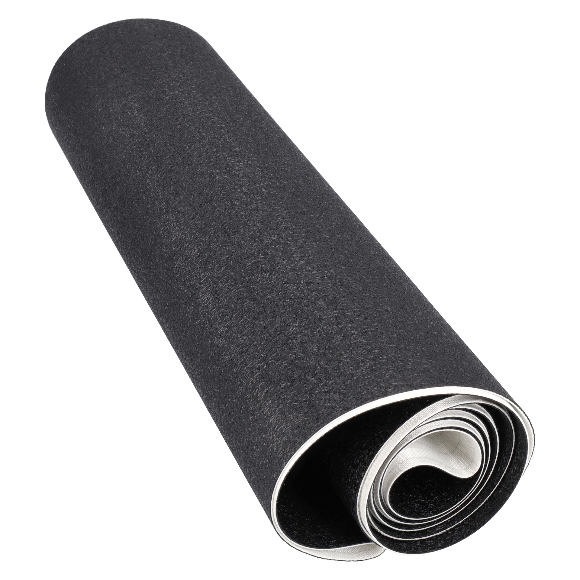 En sammenrullet svart matte med "Ties for tredmills" trykt på og en hvit underside. Den fleksible matten er ment som gulvbeskytter eller tilbehør for bruk på tredemølle.