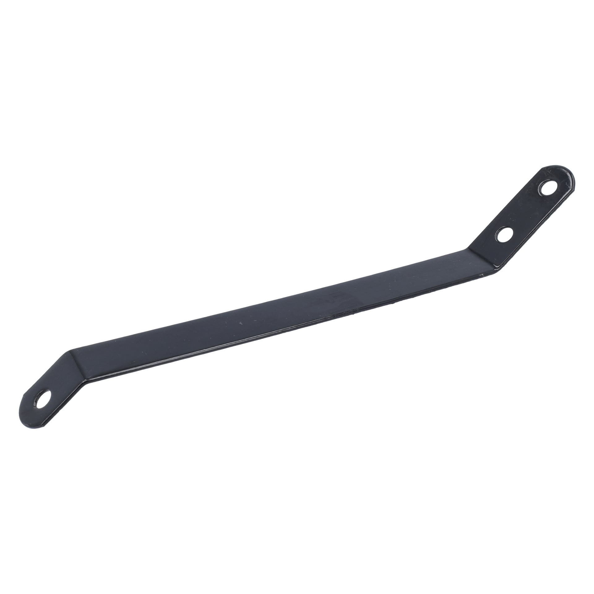 Ett platt svart metallfäste med en central böj och hål i varje ände för montering, designat för Front Axle Support Trolley.