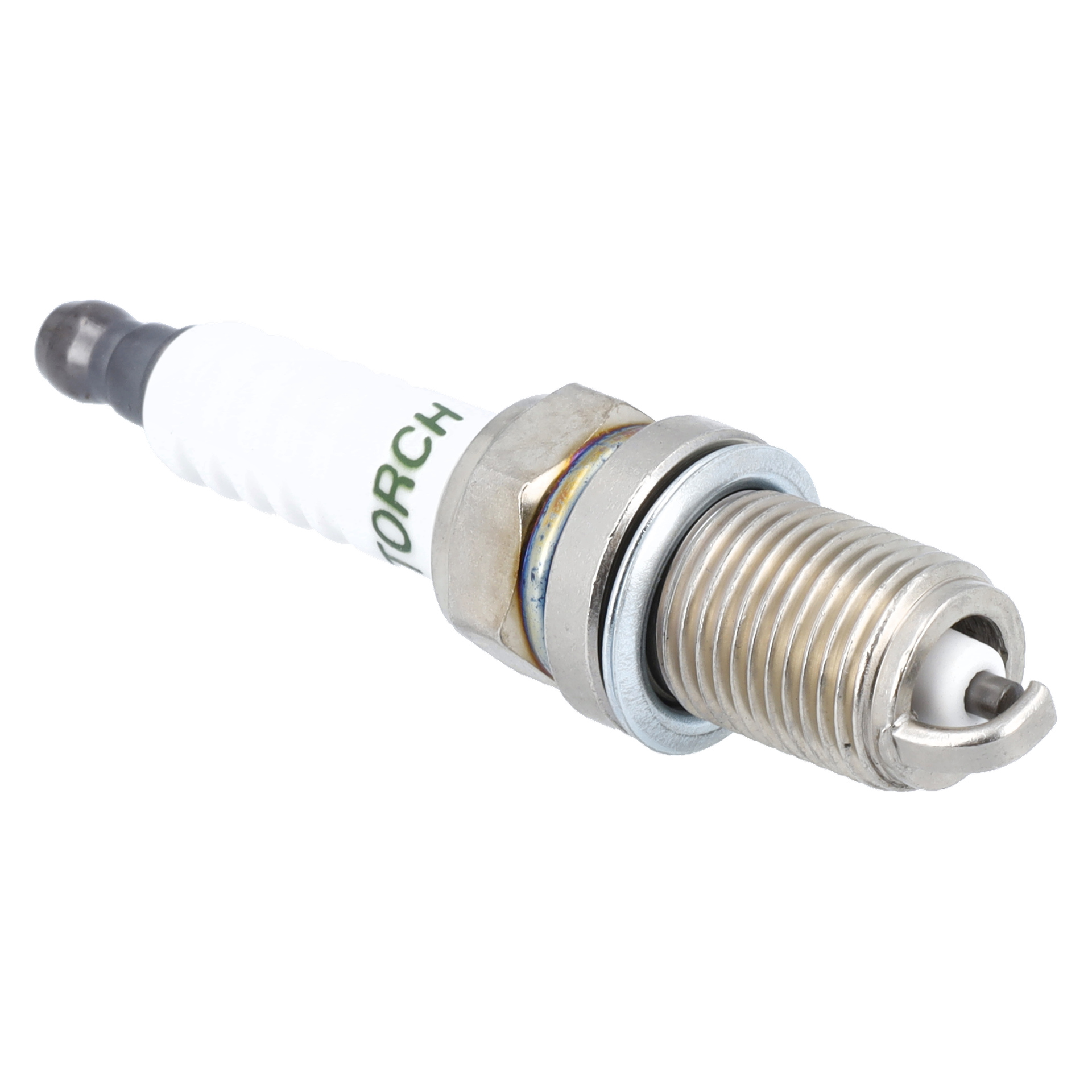 Ett tändstift med metallgängad kropp, insexkantmutter och vit keramisk isolator.