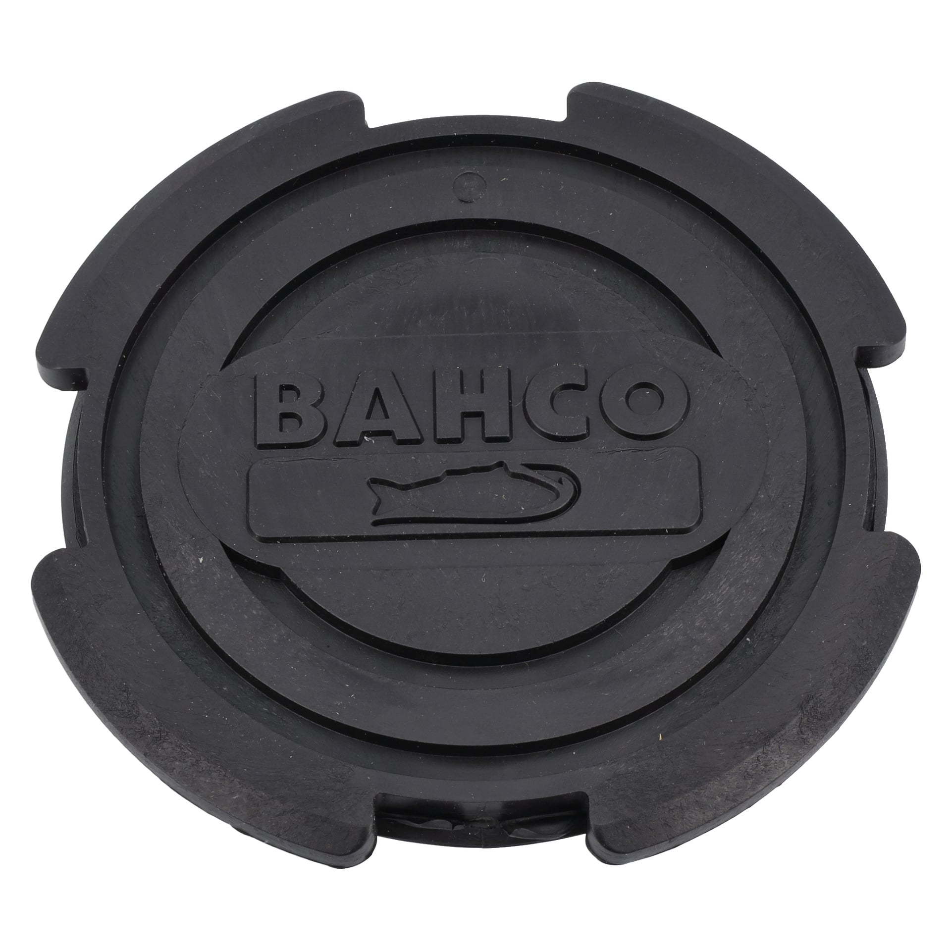 En rund svart Bahco gummisadeljack med "BAHCO" och en fisklogga präglad; fyra hack är jämnt runt dess kant.