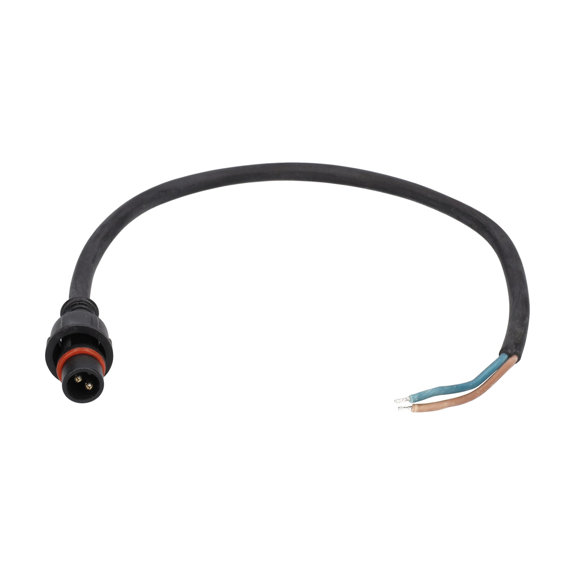 En svart elkabel med en rund kontakt i ena änden och två exponerade ledningar, en blå och en brun.