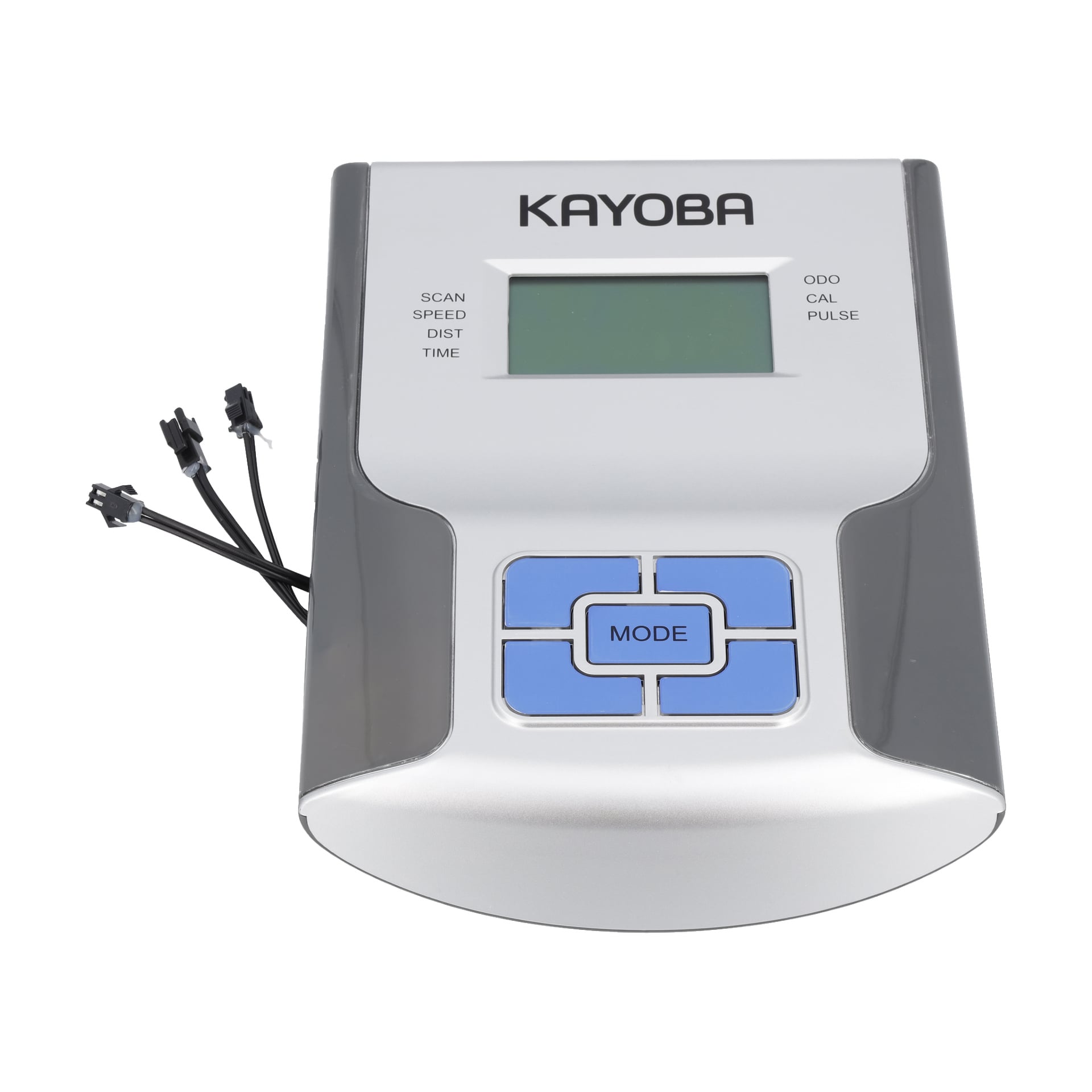 En digital displayenhet märkt "KAYOBA" för en datorcykel, som visar en skärm, fyra blå pilknappar, en "MODE"-knapp och tre svarta trådkontakter till vänster.