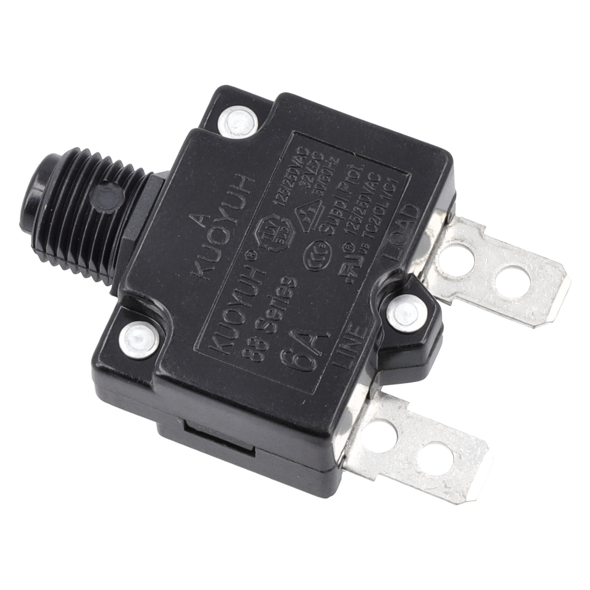 En svart löpbandssäkerhetsbrytare med en 6-amp säkringsdesign, med två metallterminaler, en skruvfäste och specifikationer tryckta i vitt på dess rektangulära yta inklusive "Safety Switches" och "6A". Den har en gängad svart plaståterställningsknapp.