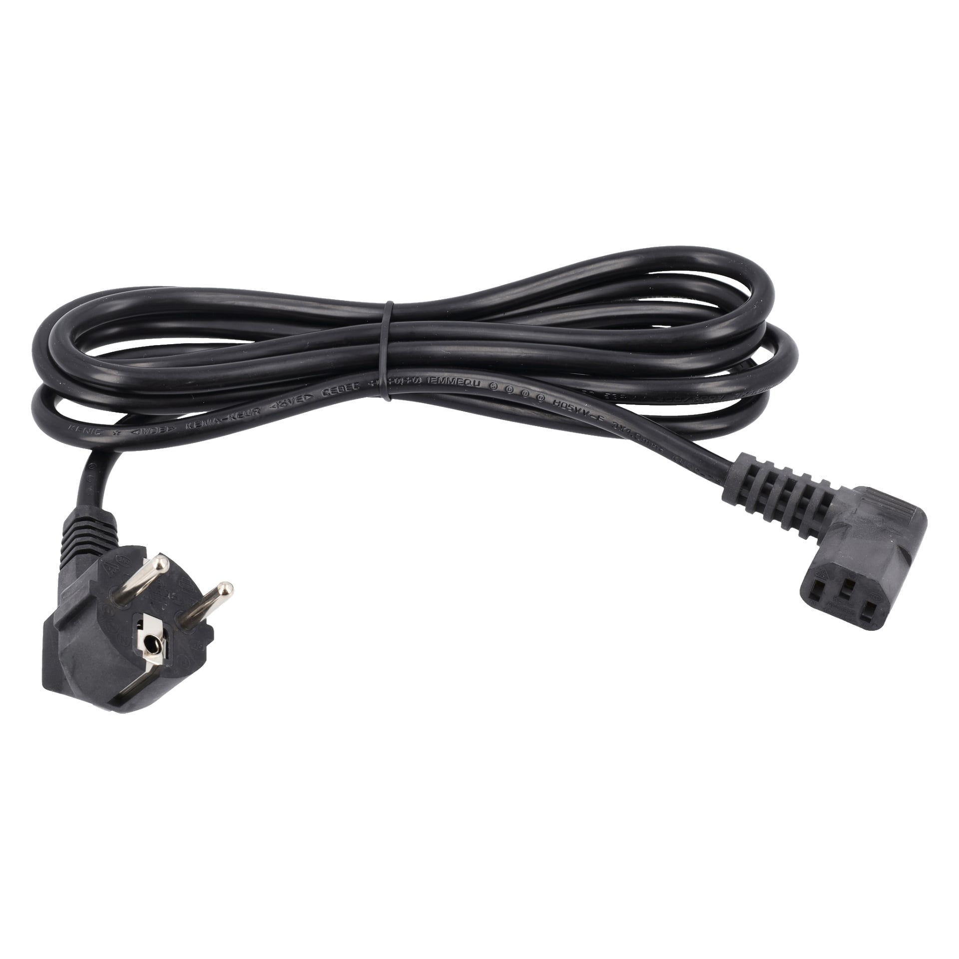 "Plug with cable" visar en svart strömkabel, ena änden med en trepolig kontakt och den andra med en vinklad kontakt med tre spår, löst lindad.