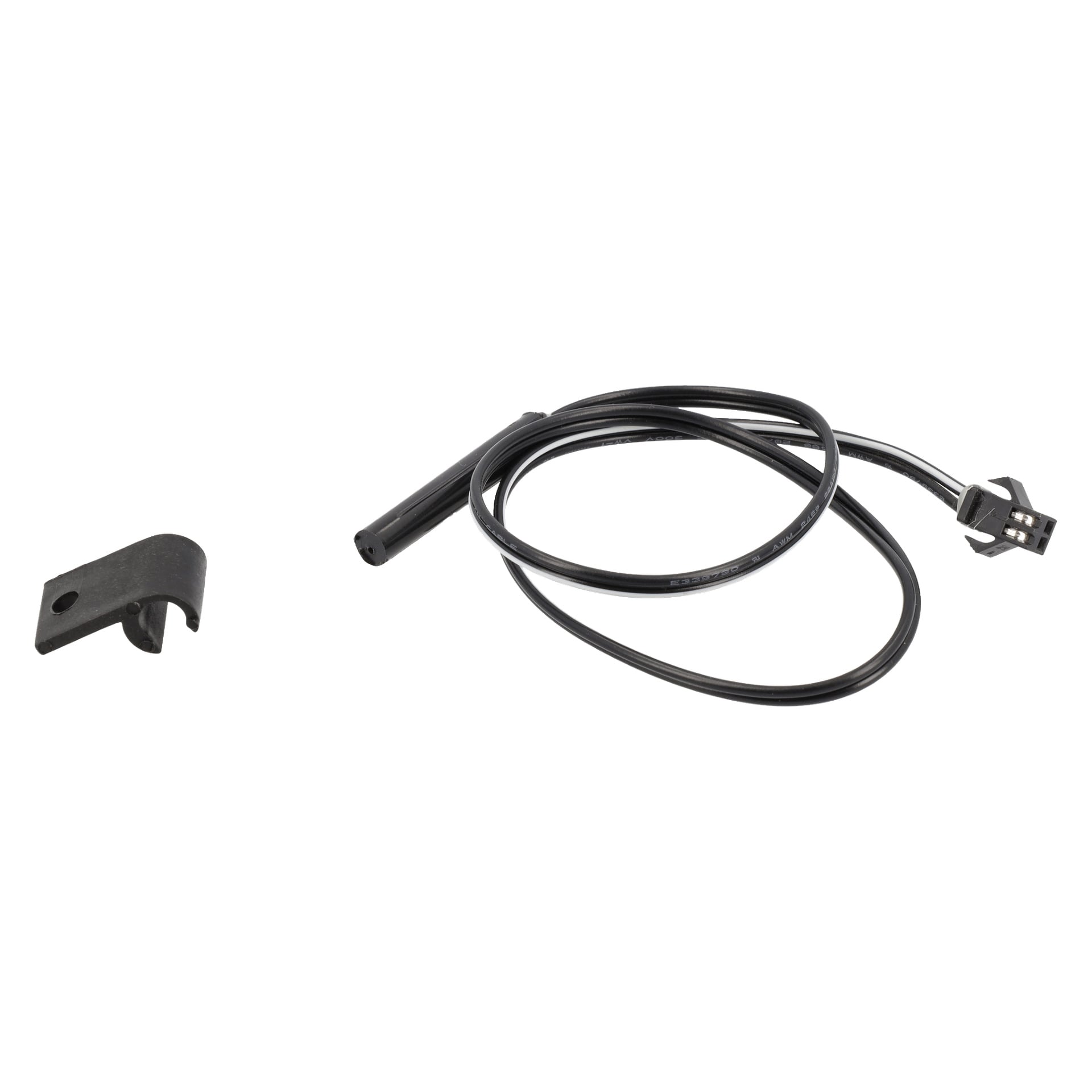 Rower treningowy Sensor wyświetla czujnik elektryczny z długim kablem i złączem. Po lewej stronie znajduje się mały klips montażowy roweru Sensor Trainer.