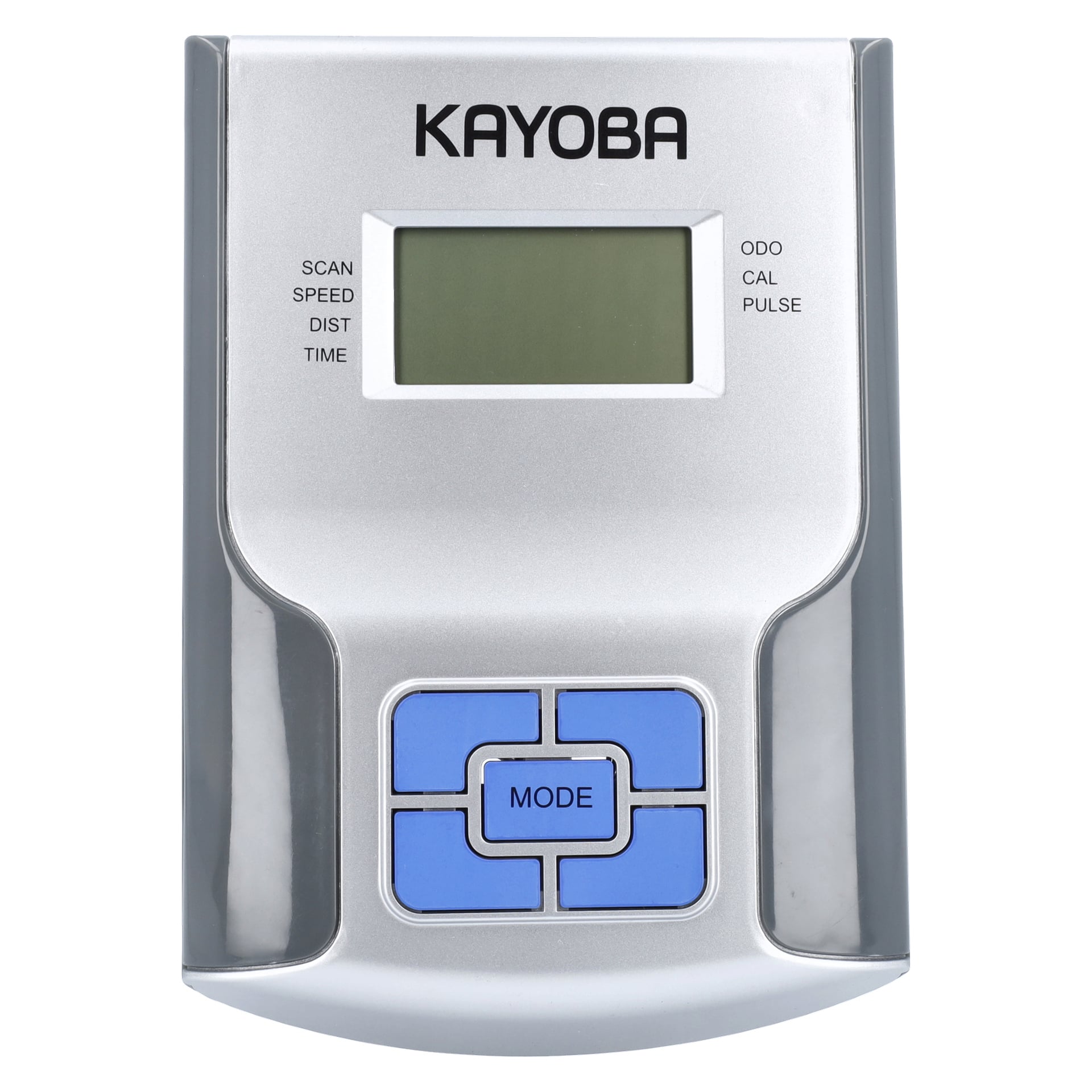 En rektangulär silver- och grå digital enhet märkt "KAYOBA" fungerar som skärm för en Dator crosstrainer. Den har en övre skärm, blå knappar märkta "MODE" och sådana med pilsymboler under, med text till vänster som säger "SCAN SPEED DIST TIME" och till höger "ODO CAL PULSE".