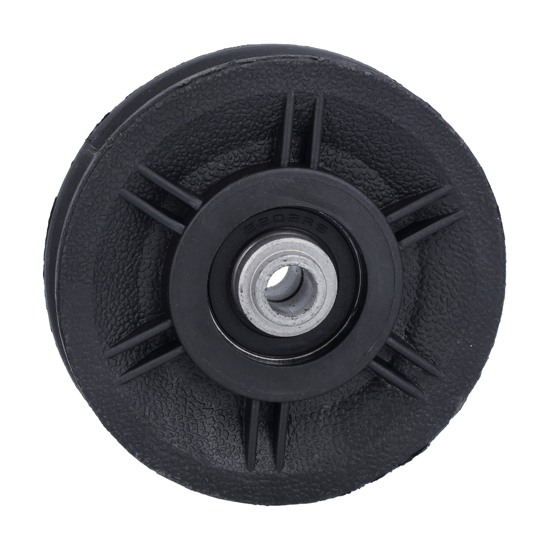 Linseed disc hemmagym visar upp ett svart texturerat hjul med radiella ekrar och ett centralt metalllager.