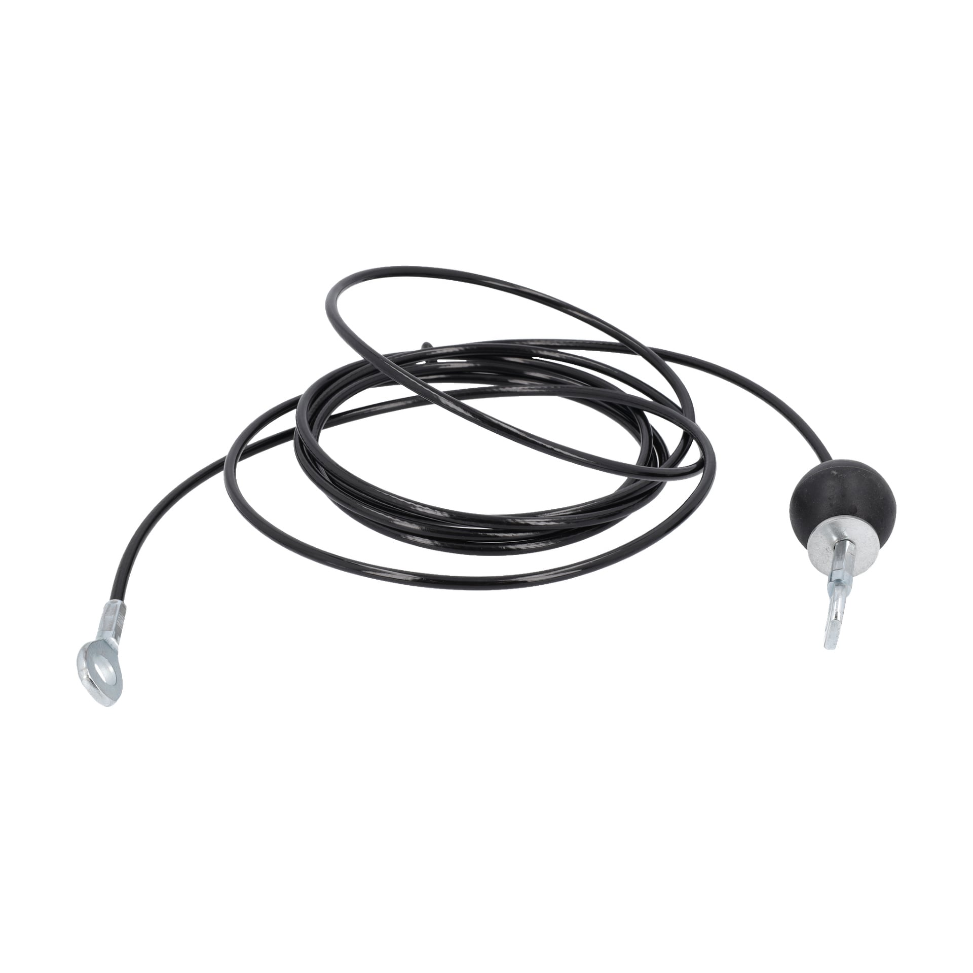 Wires hemmagym har en svart kabel med en metallslinga i ena änden och en gummipropp med metallstång i den andra, löst lindad.